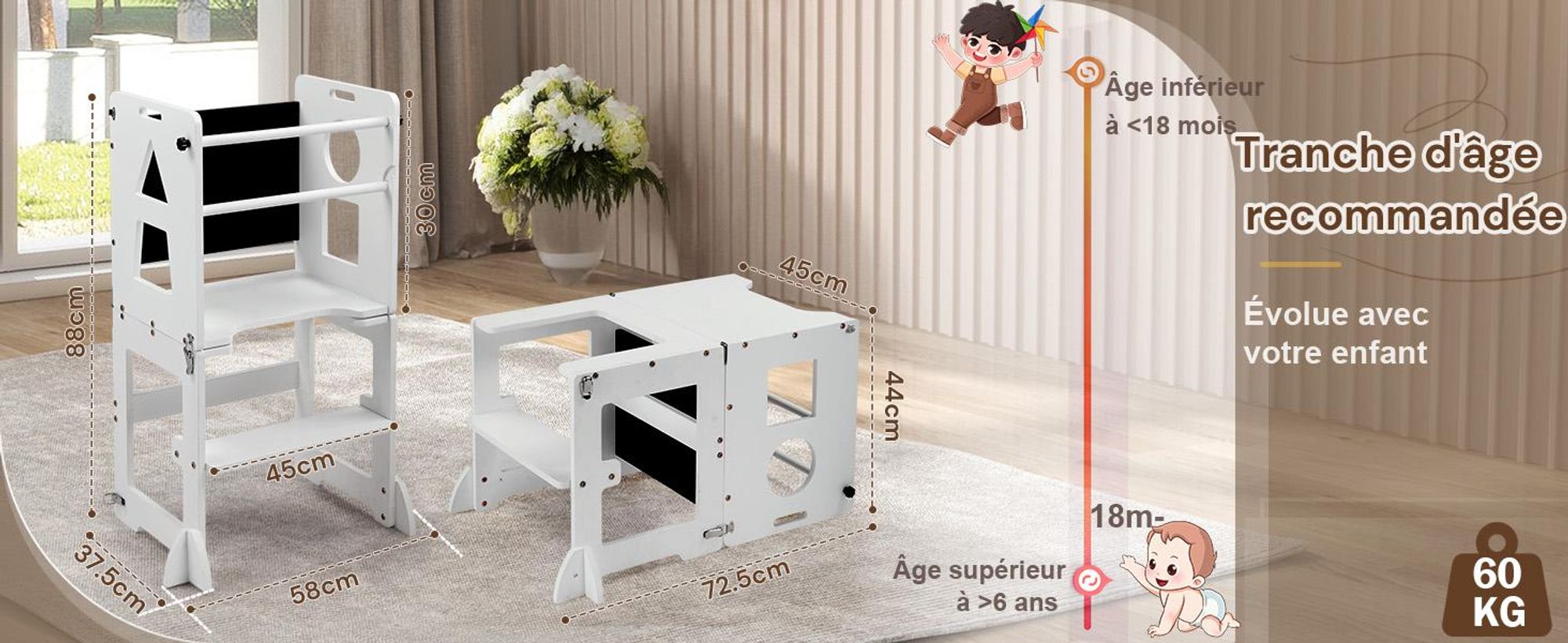FCH Lernturm Für Kinder, Montessori Lernturm, 45 × 35 × 88cm, Fichtenholz + Mehrschichtplatte,Weiß