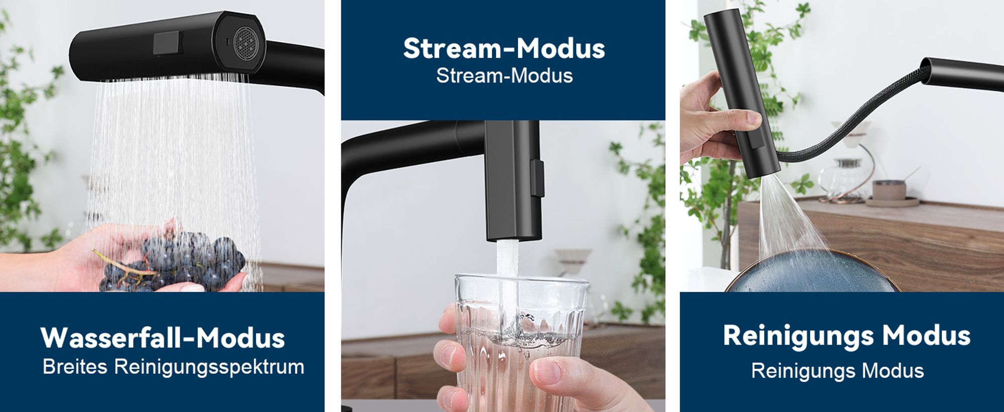 ZMH Wasserhahn Küche Küchenarmatur Schwarz Waterfall Spültischarmatur Ausziehbar mit Brause Mischbatterie Spüle 360° Drehbar Armatur Edelstahl mit 3 Strahlarten Küchenwasserhahn