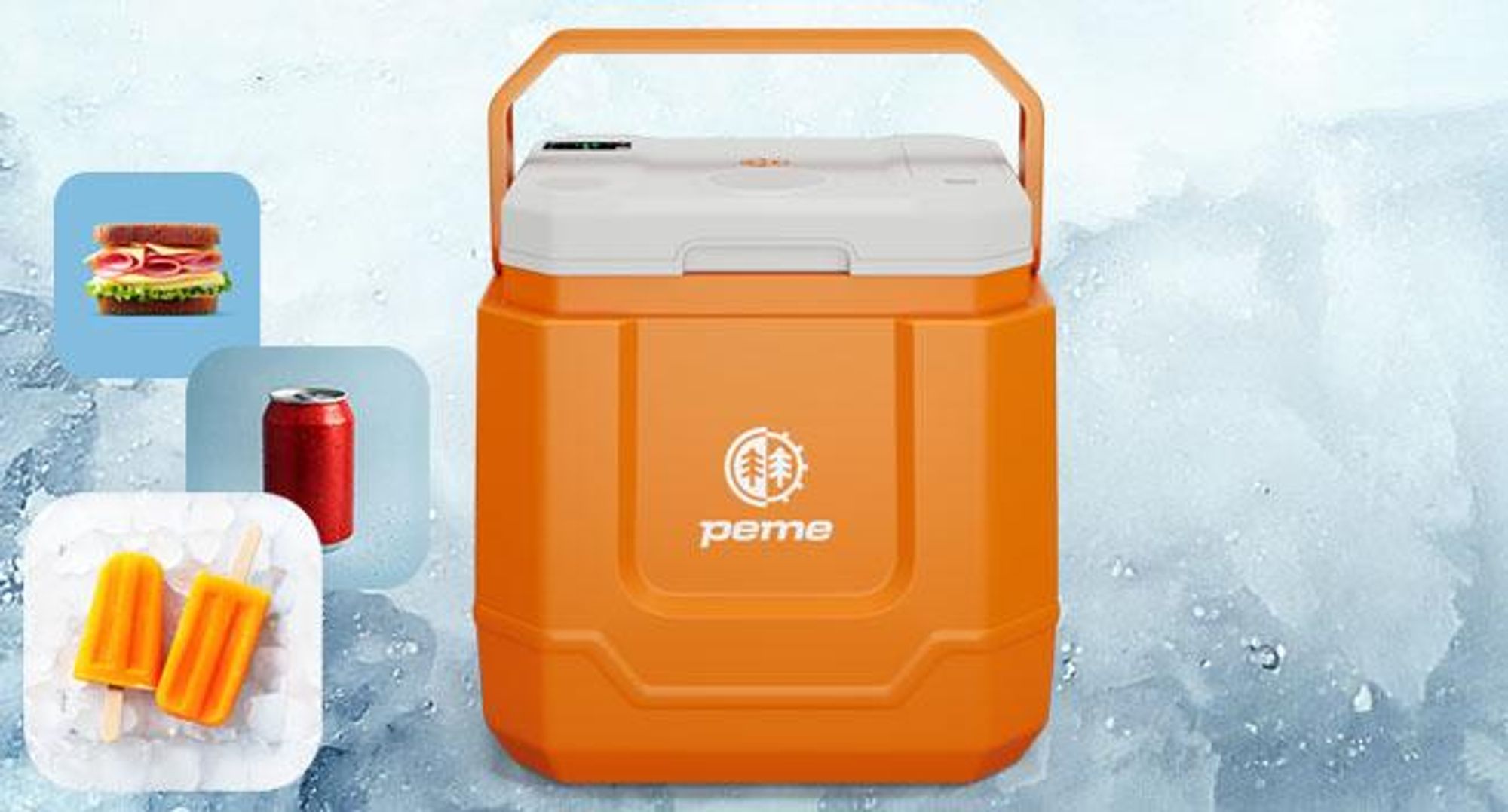 Peme Elektrische Kühlbox Trip Orange - Auto Camping, Kühlschrank, Bluetooth, Lautsprecher leise, Wärmebox Mini-kühlschrank, PKW LKW Reise, Zelt, USB