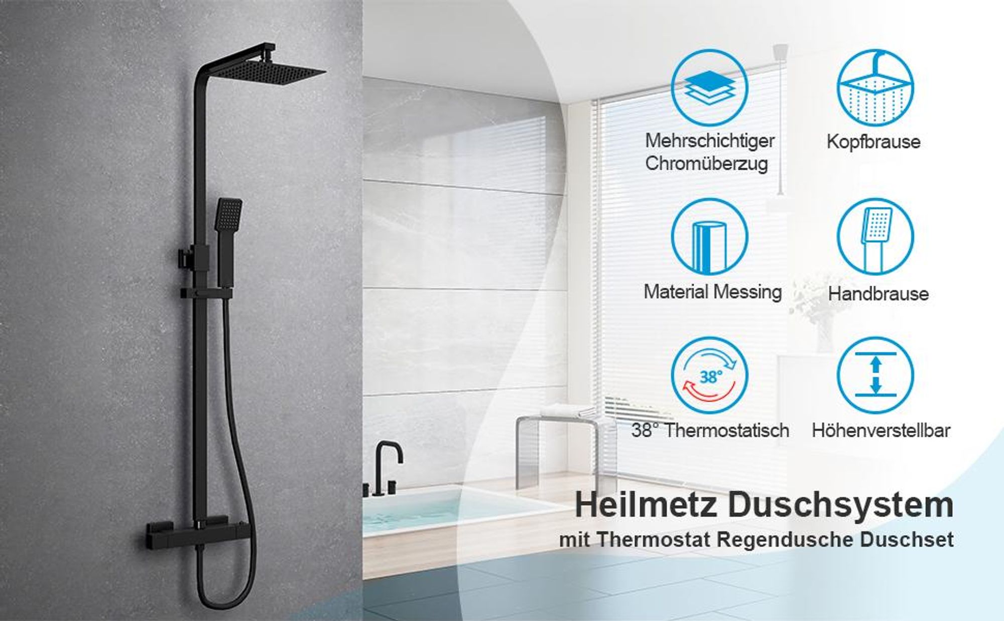 Heilmetz Duschsystem mit Thermostat Schwarz Matt, Duschset mit Quadratischer Regendusche 20x20cm, Höhenverstellbare Edelstahl Duscharmatur