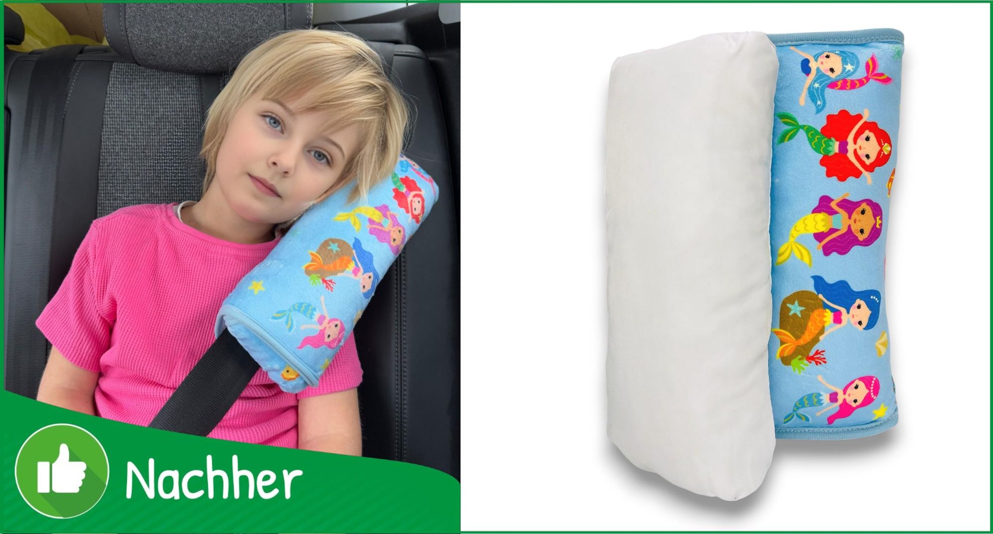 HECKBO® Meerjungfrau Auto Schlafkissen für Kinder - maschinenwaschbar – kuschelweich - hochwertiges Auto Gurtkissen, Gurtschoner, Gurtkissen, Gurtschutz, Auto Kissen, Reisekissen, Urlaub - 30cm x 12cm