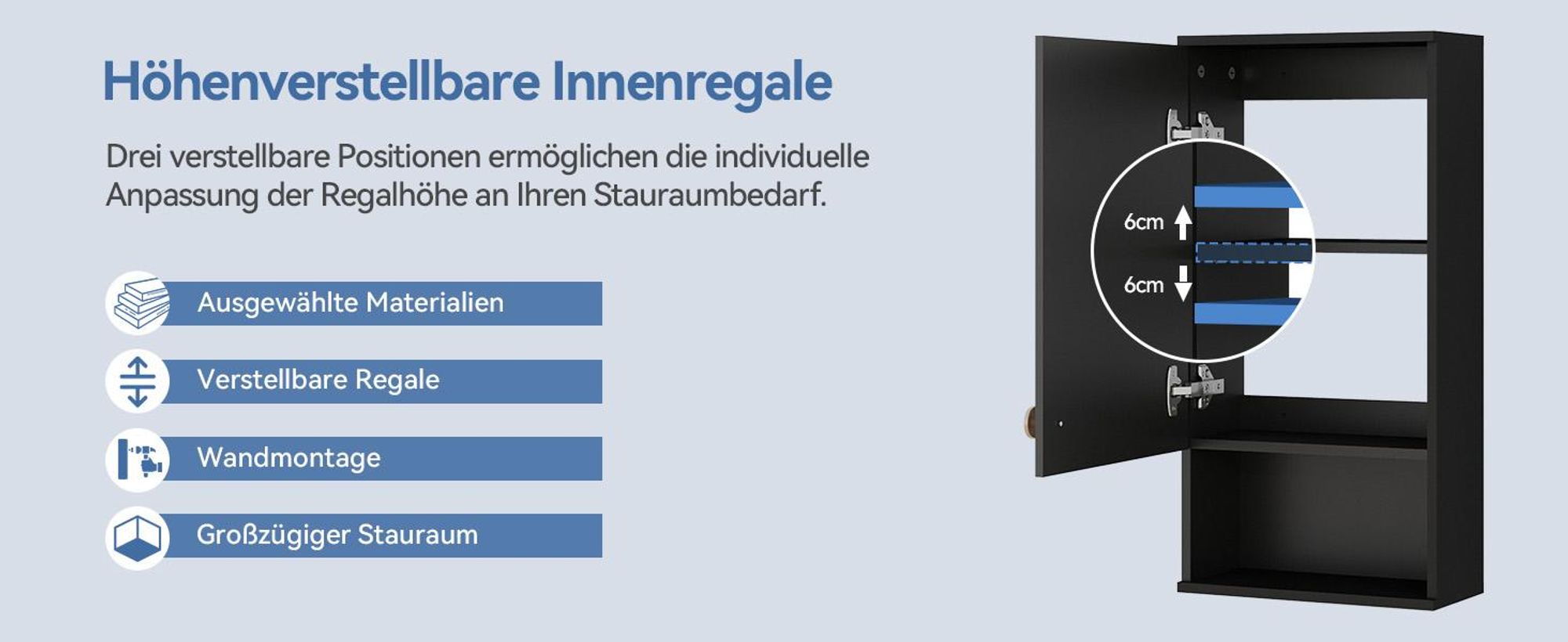 Puluomis Wandschrank Bad Badezimmerschrank, Vielseitiger Aufbewahrungsschrank mit Höhenverstellbaren Regalen, 66x33x17cm für Bad, Flur, Küche, schwarz