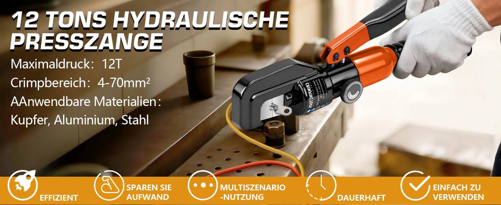 Hydraulische Crimpzange Presszange 4-70mm² mit Kabelschere, Quetschzange Hydraulikzange Kabelschuhzange - Kaltverpressung Werkzeugbau Schaltungsumbau