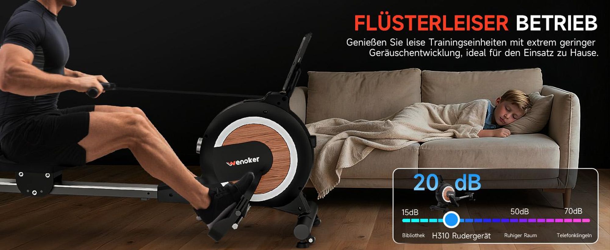 Wenoker Rudergerät für Zuhause, Magnetisches Rudergerät mit APP & LCD-Display, 32 Widerstandsstufen, 160 kg Belastbarkeit, Vertikal Verstaubar
