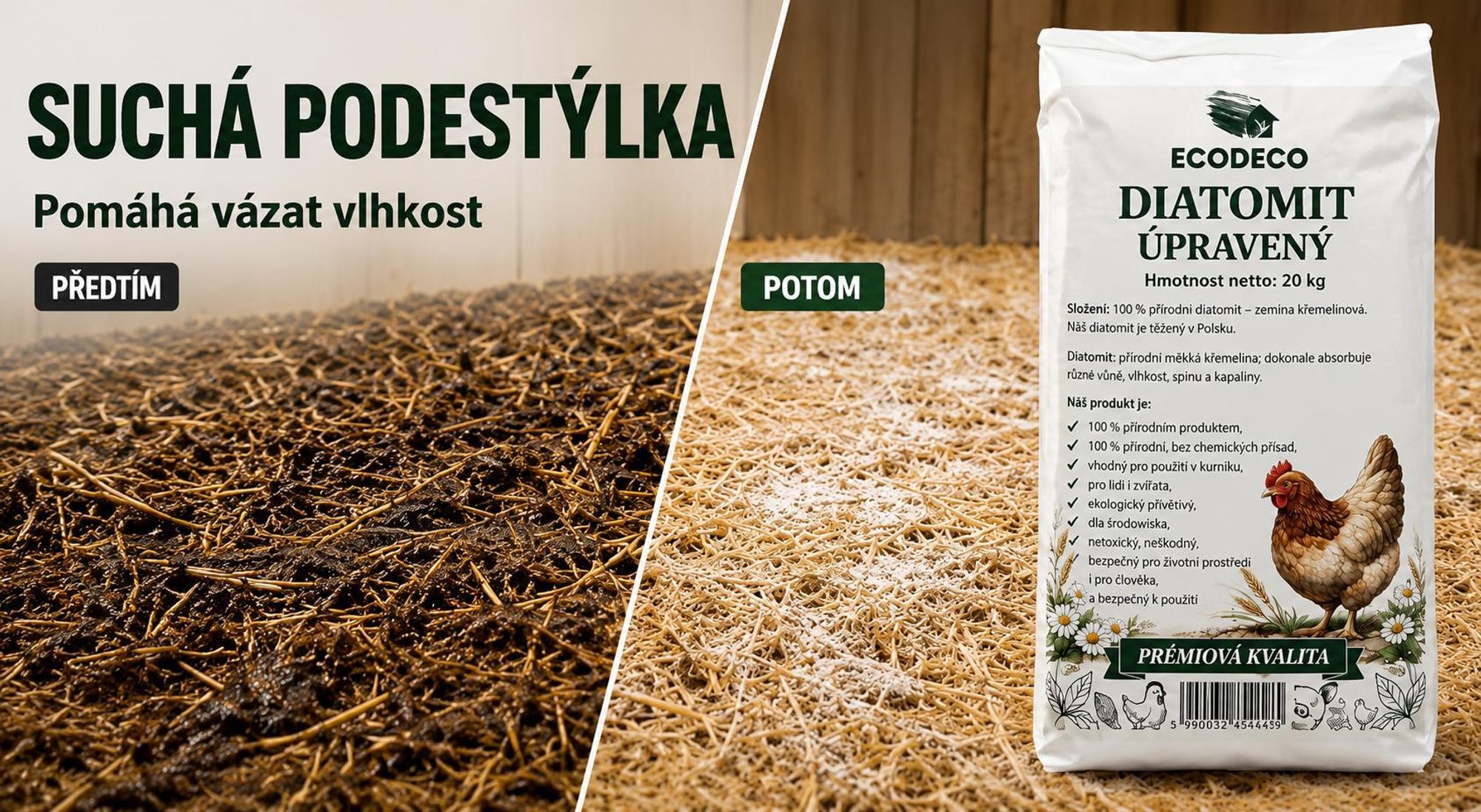 Ecodeco, křemelitá zemina (diatomit), 20 kg, pro slepčí hnízda, stelivo a chov zvířat – minerální materiál, který dobře absorbuje vlhkost, bez zápachu