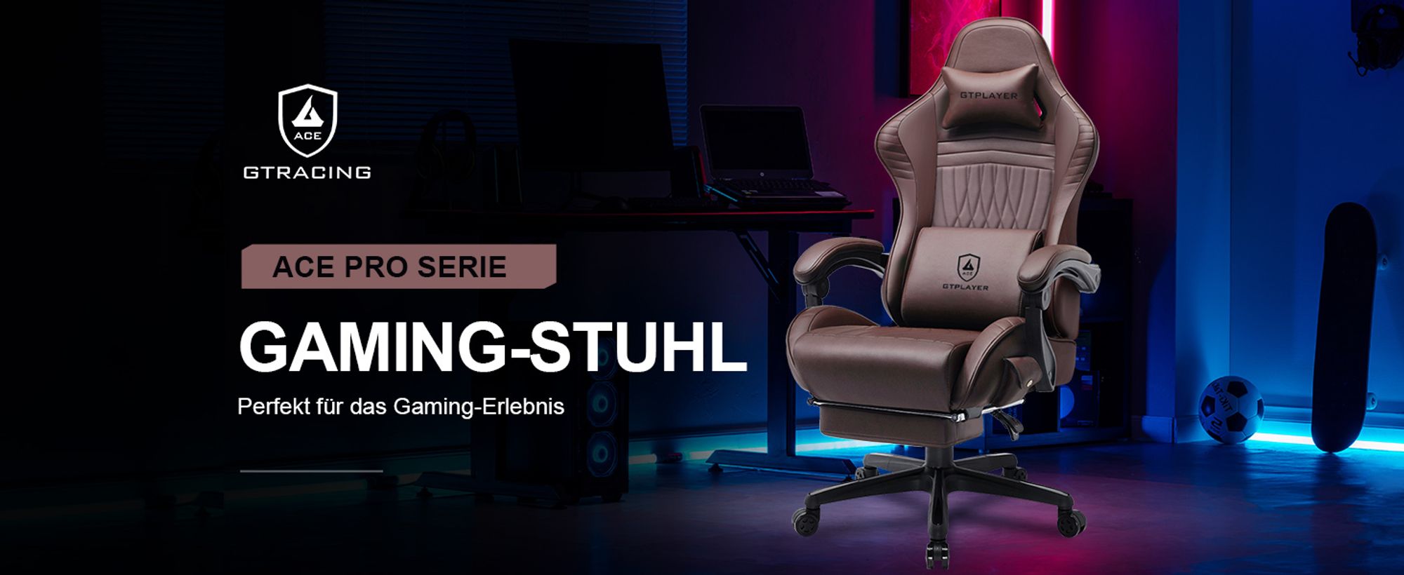 GTPLAYER Gaming-Stuhl ACE PRO, Ergonomischer Bürostuhl Neigbare Armlehnen Mit Fußstütze, Hi-Fi Lautsprecher, Beeindruckende Klang-atmosphäre, Hellbraun