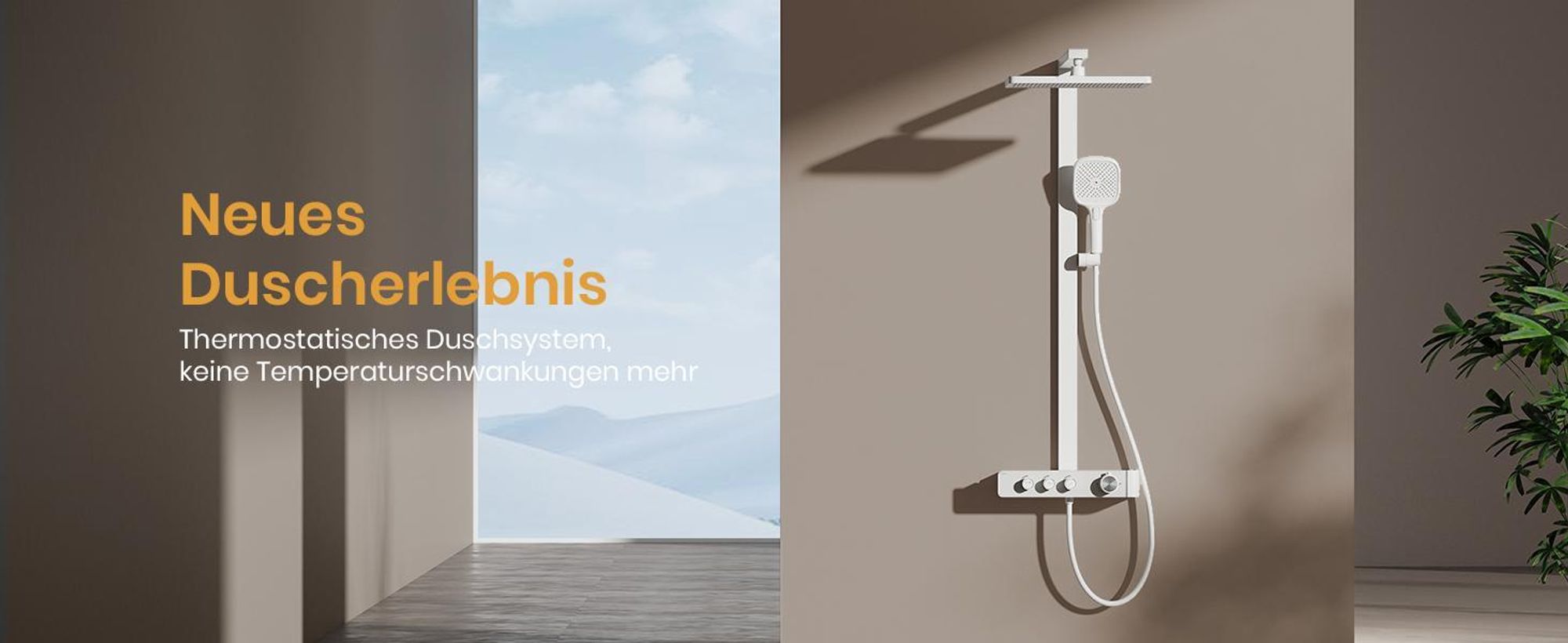 EMKE Duschsystem mit Thermostat Duschsäule Weiß mit 360×240mm Regendusche eckig, Badewannenauslauf, Wassermengenregler & Glasablage F27