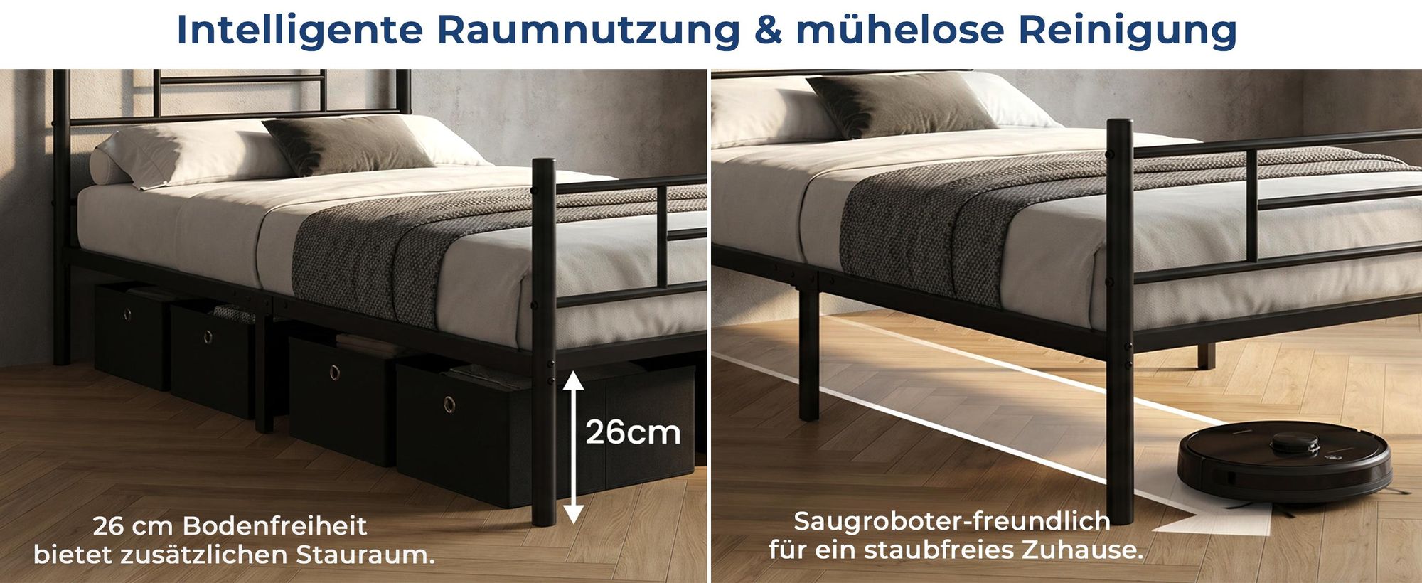 Metallbett Bett Bettgestell 140 x 200 cm, Doppelbettgestell Bettrahmen mit Kopfteil, Schwarz