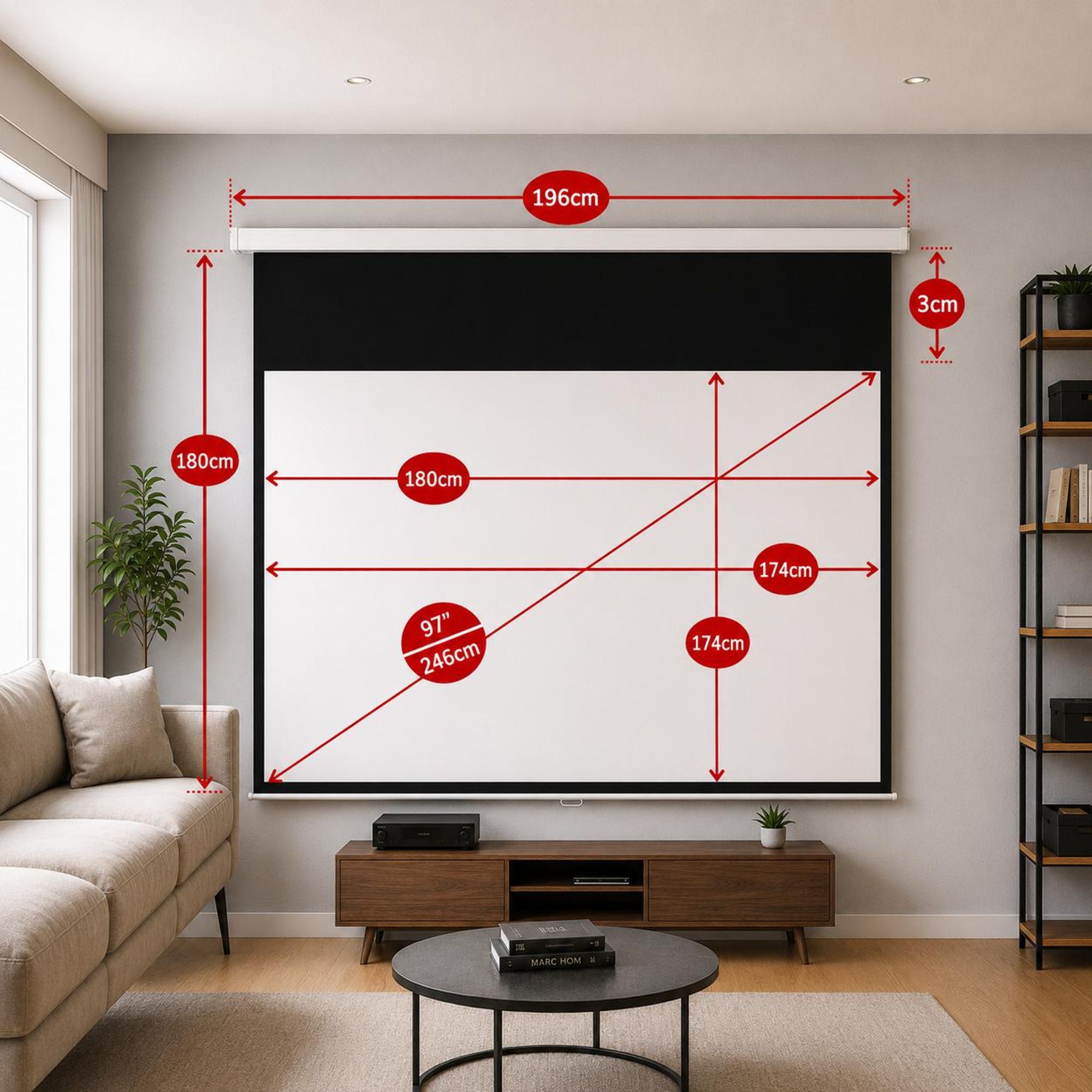 SlenderLine Heimkino Beamer manuelle Rolloleinwand 180 x 180 (174x174)cm Gehäuselänge 196cm 1:1 Full HD HDTV 3D 4K