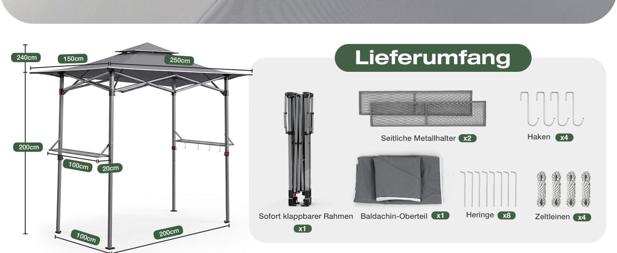 Sekey Grillpavillon 250x150 cm faltbar Garten Pavillon Wasserabweisend UV50+, Grau