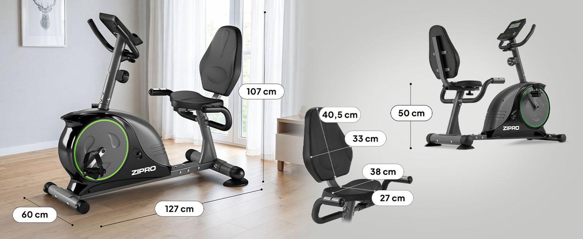 Zipro Liegeheimtrainer Easy – Magnetisches Fitnessbike Belastbar Schwungmasse Rückenlehne Leiser Sitzheimtrainer für Senioren & Reha Pulsmessung
