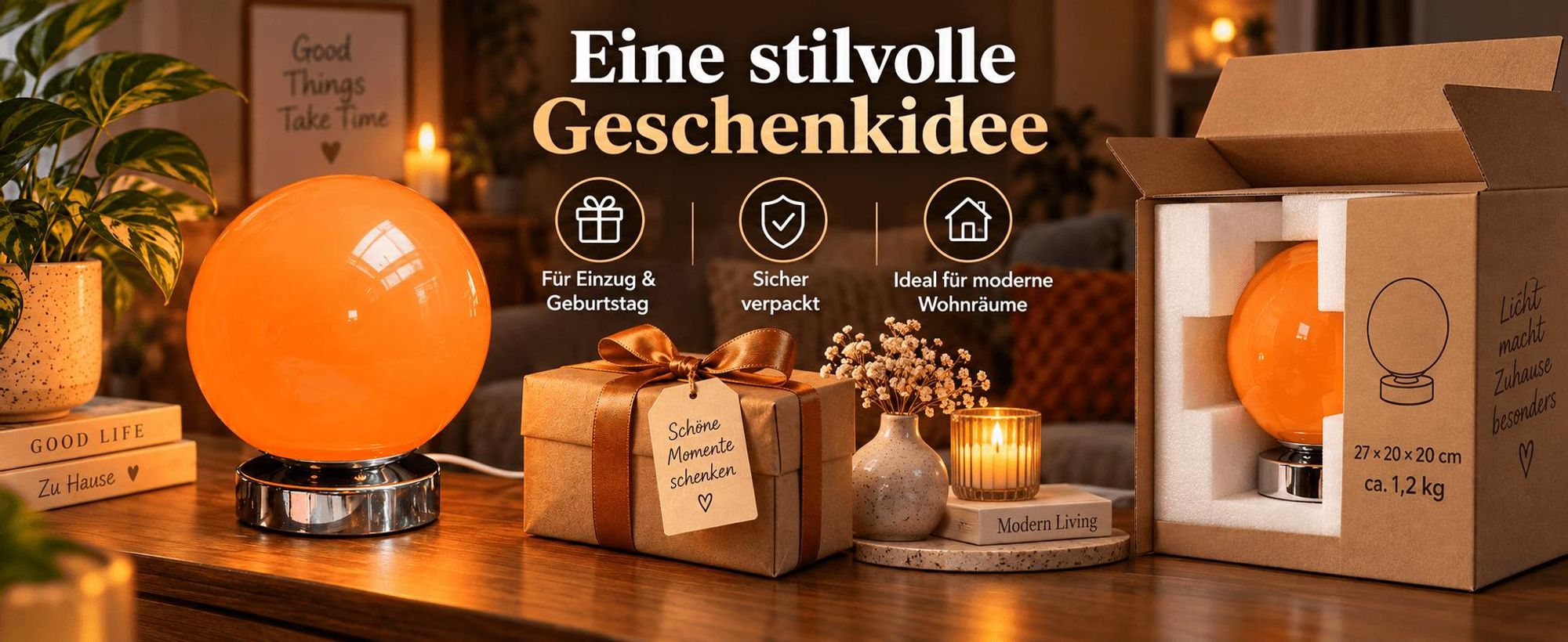 Orange Glas Nachttischlampe Kugel, dimmbare Tischlampe mit 3 Lichtfarben und 6 Helligkeitsstufen, moderne Dekolampe für Schlafzimmer, Wohnzimmer
