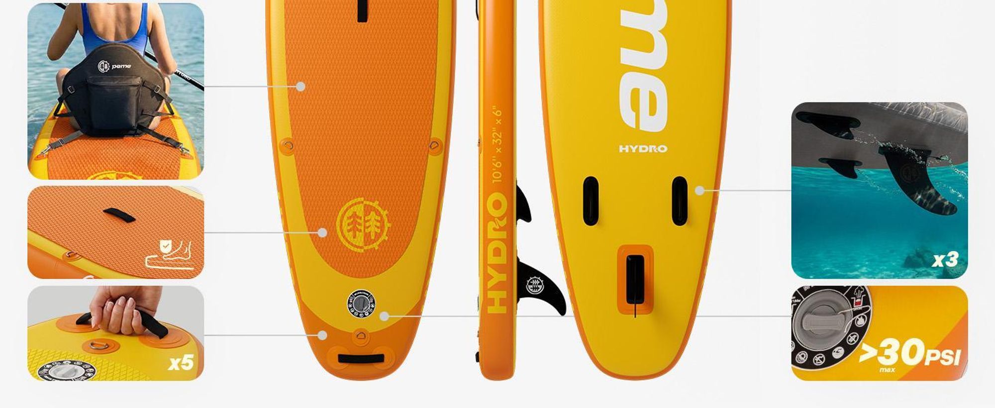 Planche de stand up paddle PEME - Bright Sun - 320 cm - Pagaie double et accessoires complets, SUP, planche de surf gonflable, jusqu'à 150 kg, - Jaune et orange