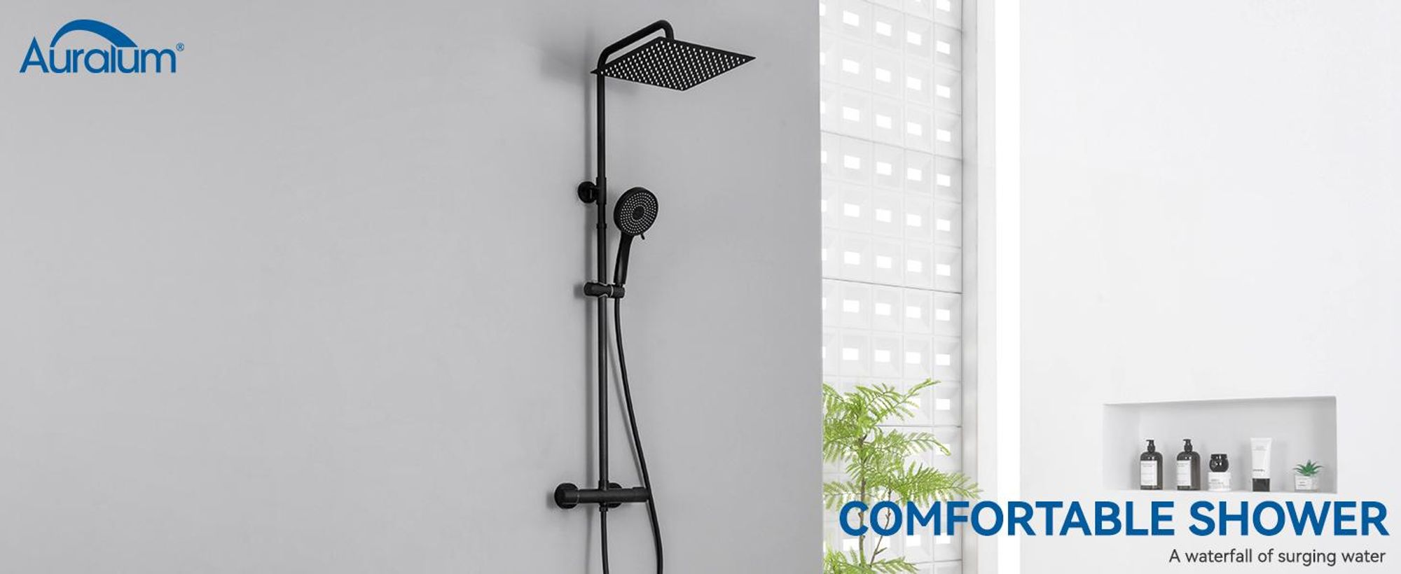 Auralum Duscharmatur Komplettset, Edelstahl mit Thermostat Armatur, 30 CM Regendusche, 5 Strahlarten und Höhenverstellbarer Duschstange (Schwarz)