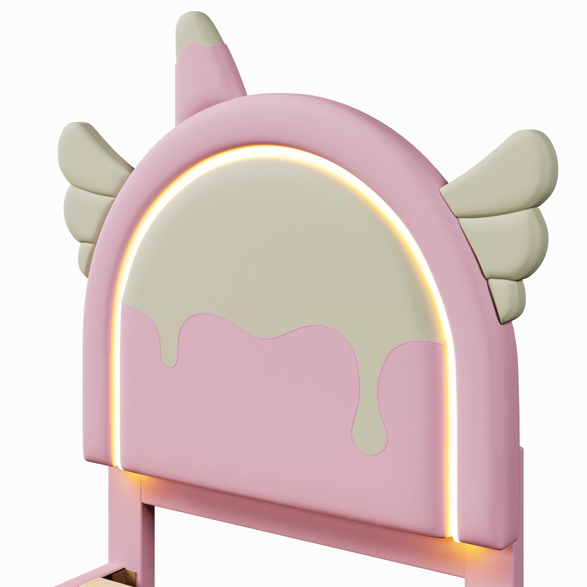 Merax Polsterbett 90x200 cm, Einhorn-Design Kinderbett mit Leuchtleiste, 2 Schubladen, Prinzessinnenbett, Jugendbett, für Kinderzimmer, PU, Rosa