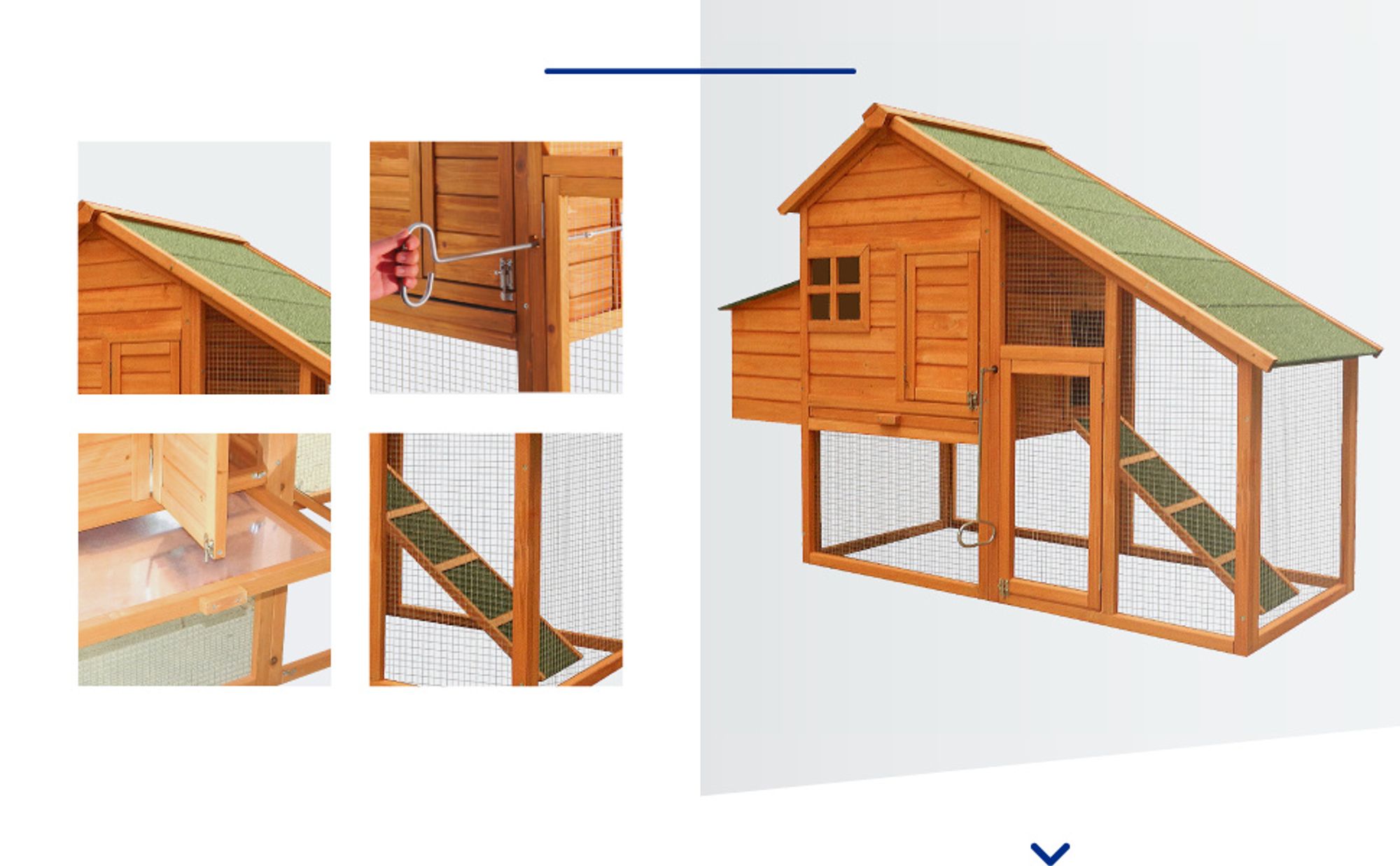 Wiltec Hühnerstall 1720 x 660 x 1200 mm braun mit Freilauf und Nistkasten aus Fichtenholz, Hühnerhaus mit Unterschlupf, Gitter und Kotwanne verzinkt