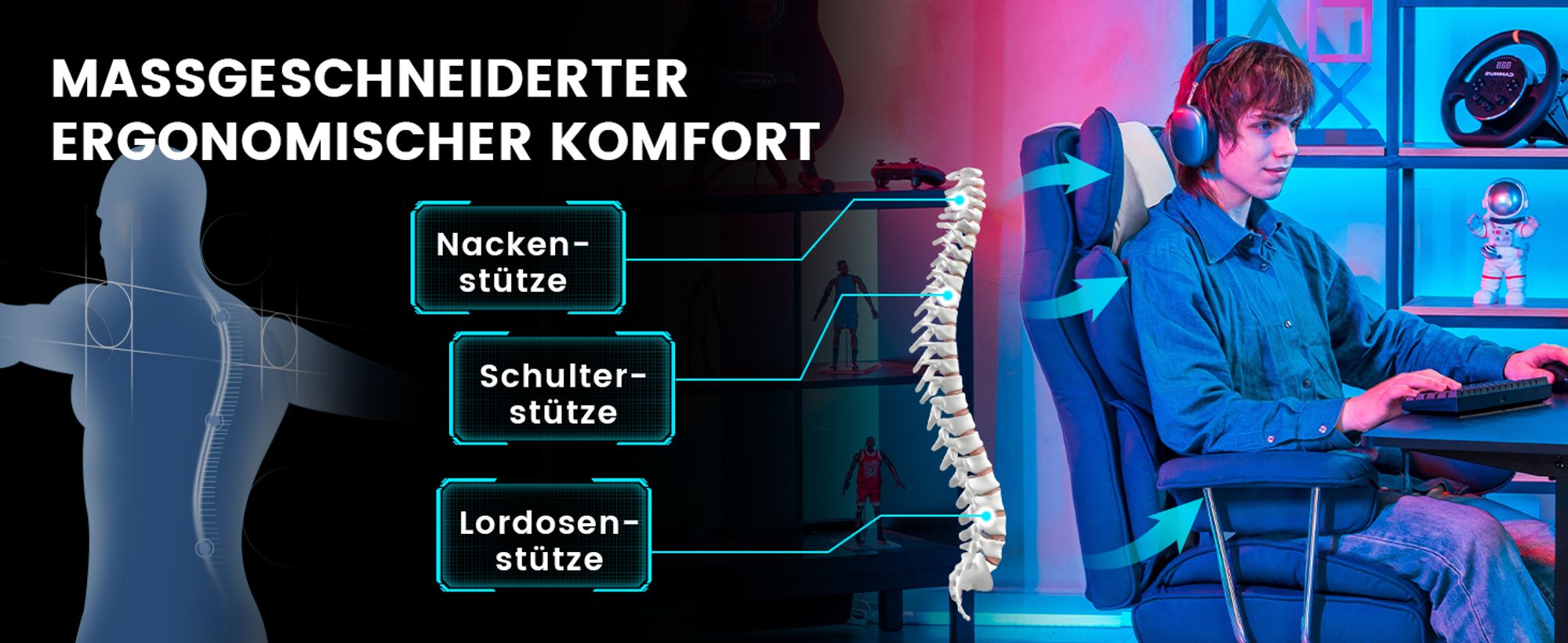 GTPLAYER Gaming Stuhl, Gamer Stuhl, Ergonomischer Bürostuhl mit Fußstütze verstellbare Lenden und Kopfkissen, Gaming Chair Gepolstert, Gaming Sessel