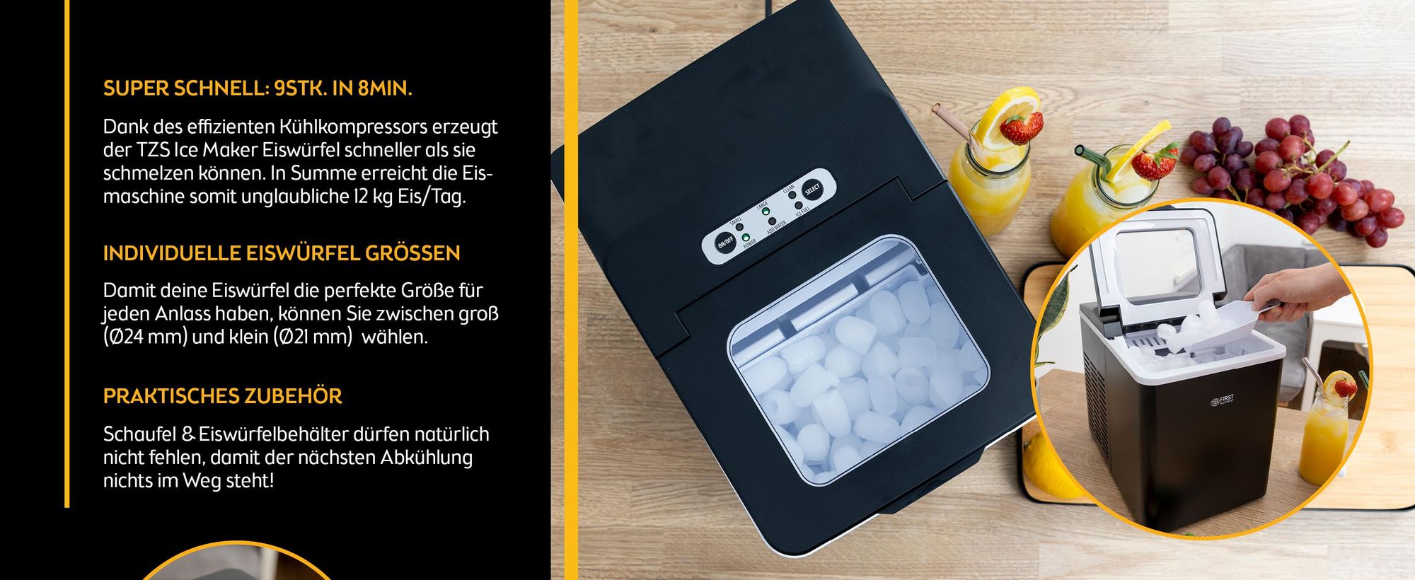 TZS First Austria - Eiswürfelmaschine 1,8L - 150W - 9 Würfel in 7-9 Min - 12 kg 24 Std - Schwarz