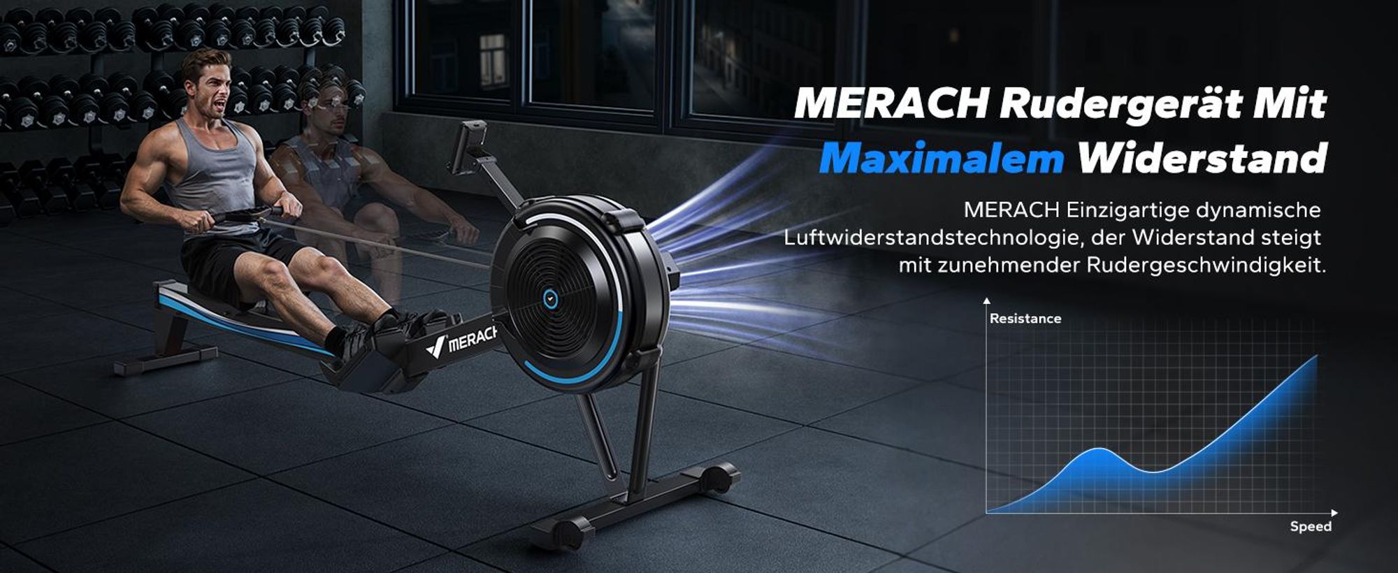 Klappbares Luftwiderstand Rudergerät Merach Bluetooth & LCD, ergonomischer Sitz, verstellbarer Tablet-Halter, bis 158 kg, NovaRow R50