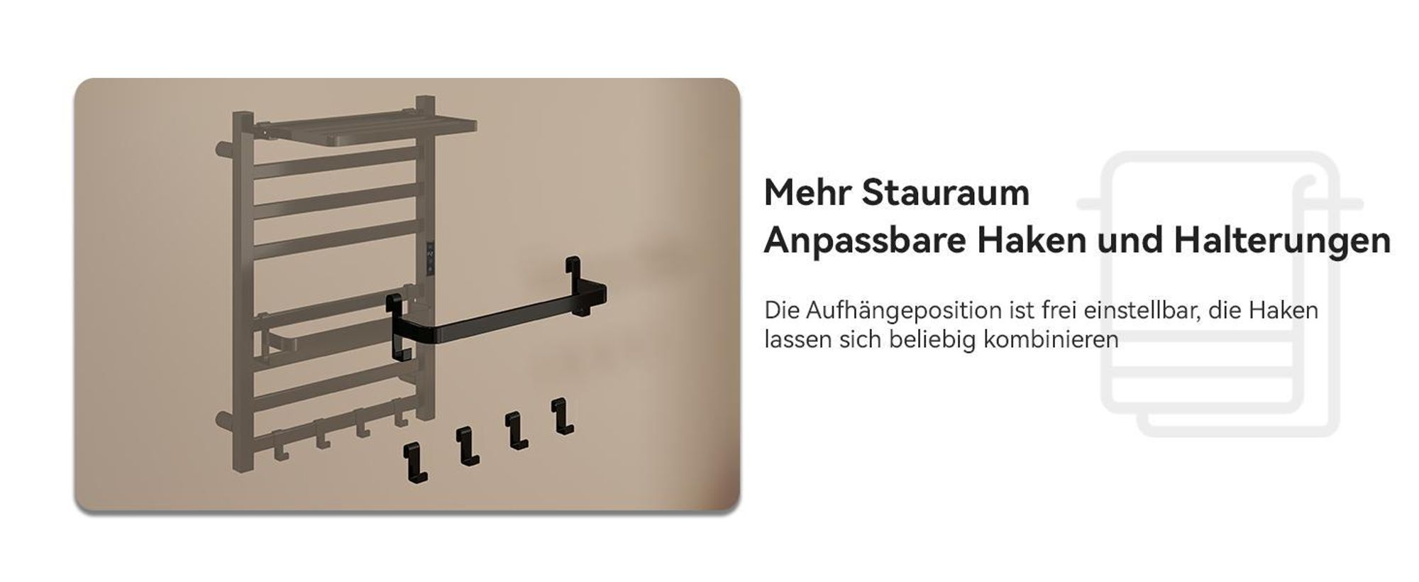 Puluomis Heizkörper Elektrischer Handtuchwärmer mit LED-Touchdisplay, 45-70°C einstellbar, Timer, 90° drehbares Ablagefach, RCCB Schutz schwarz
