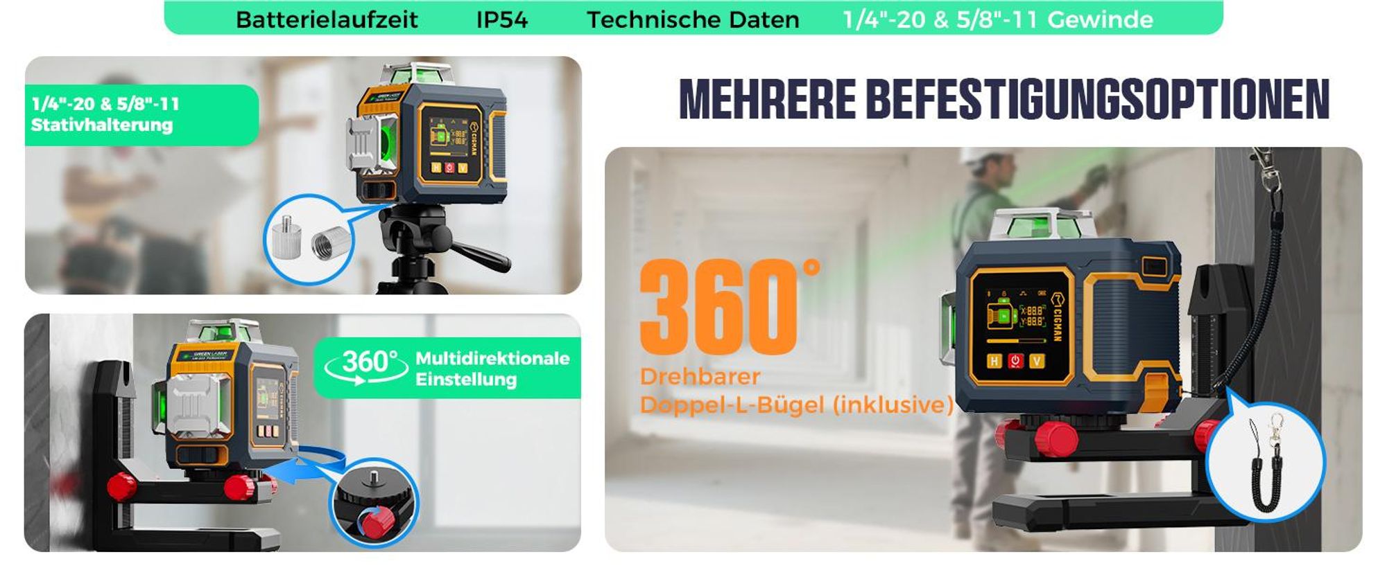 CIGMAN CM-S03 Kreuzlinienlaser 3x360° Grün mit App & LCD-Display