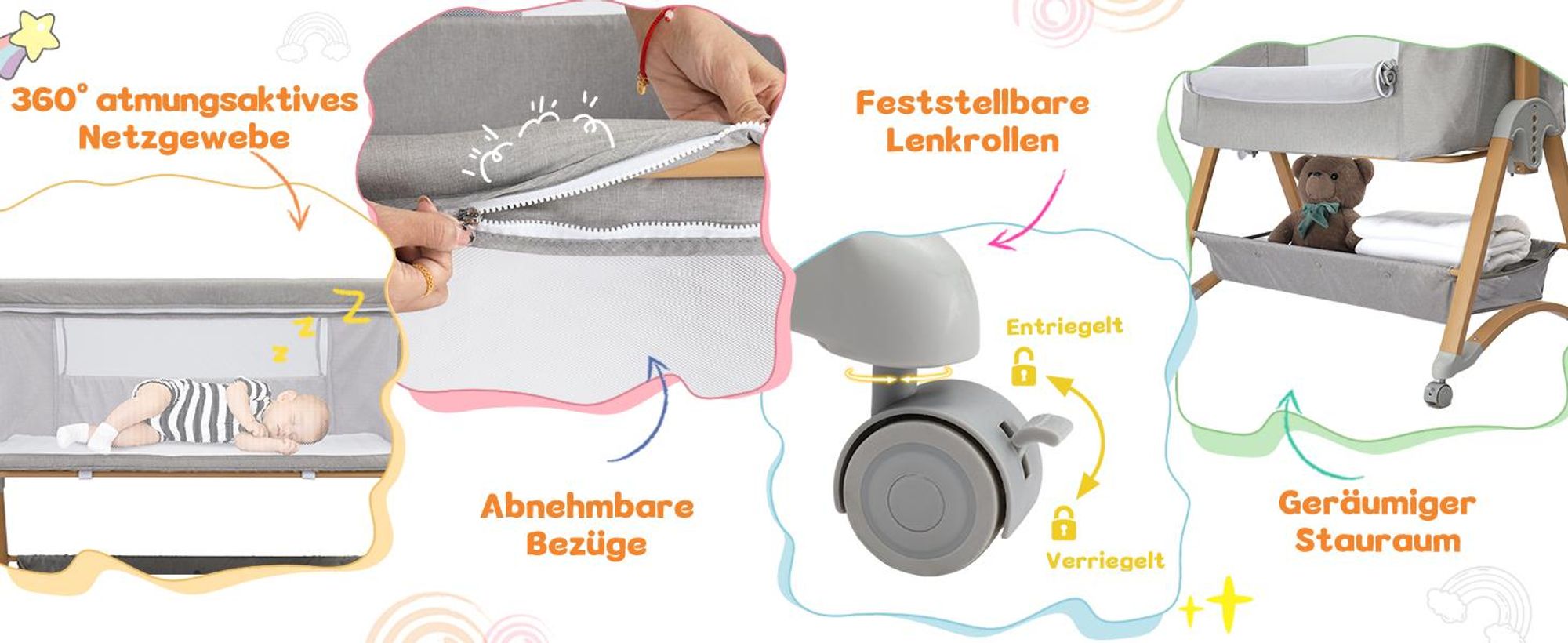 LEADZM 5-in-1 Beistellbett Babywiege Höhenverstellbar mit Matratze & Rollen，Babybett Schaukelfunktion，Grau