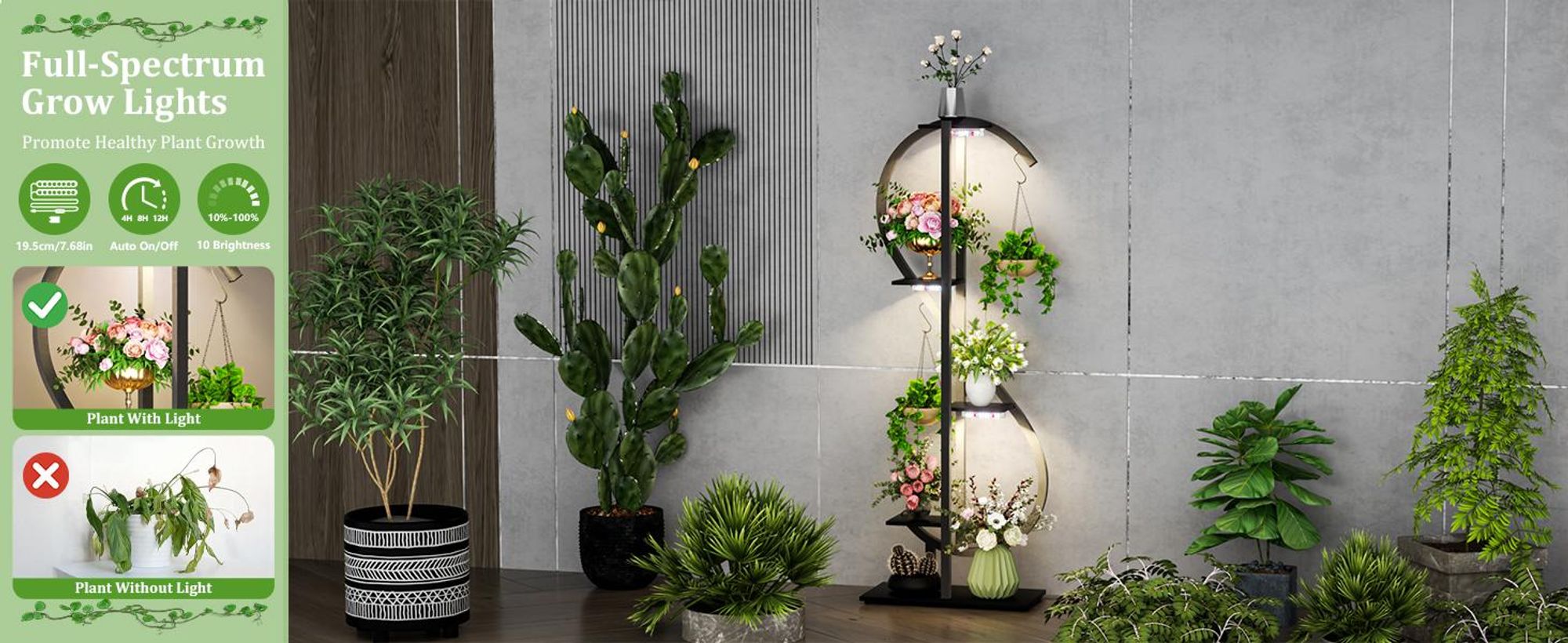 WISFOR Metall Blumenregal Pflanzenregal mit Wachstumslicht, S-Form Blumenständer Pflanzenständer, Mehrstöckig, für Zimmerecke, Wohnzimmer, Balkon