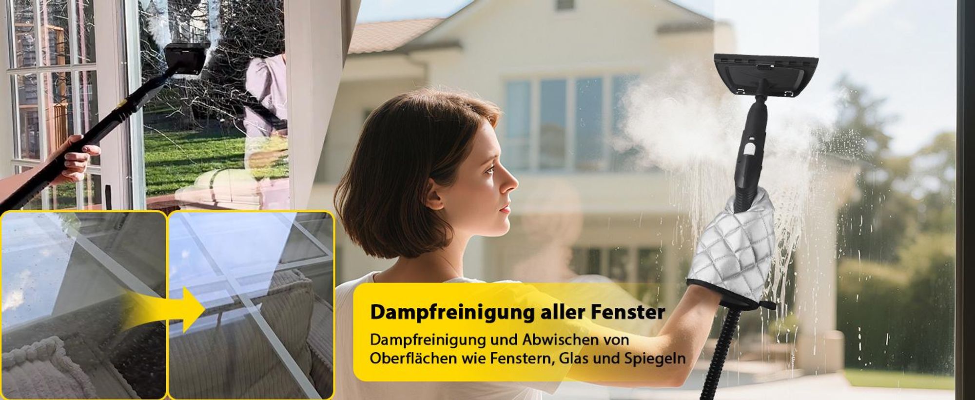 Dampfreiniger 2000W, 5 bar Dampfdruck, 2L Tank, ca. 5-8 Min. Aufheizzeit, bis 160℃, 19 Zubehör, Dampfbesen für Teppiche, Fenster, Glas und Vorhänge