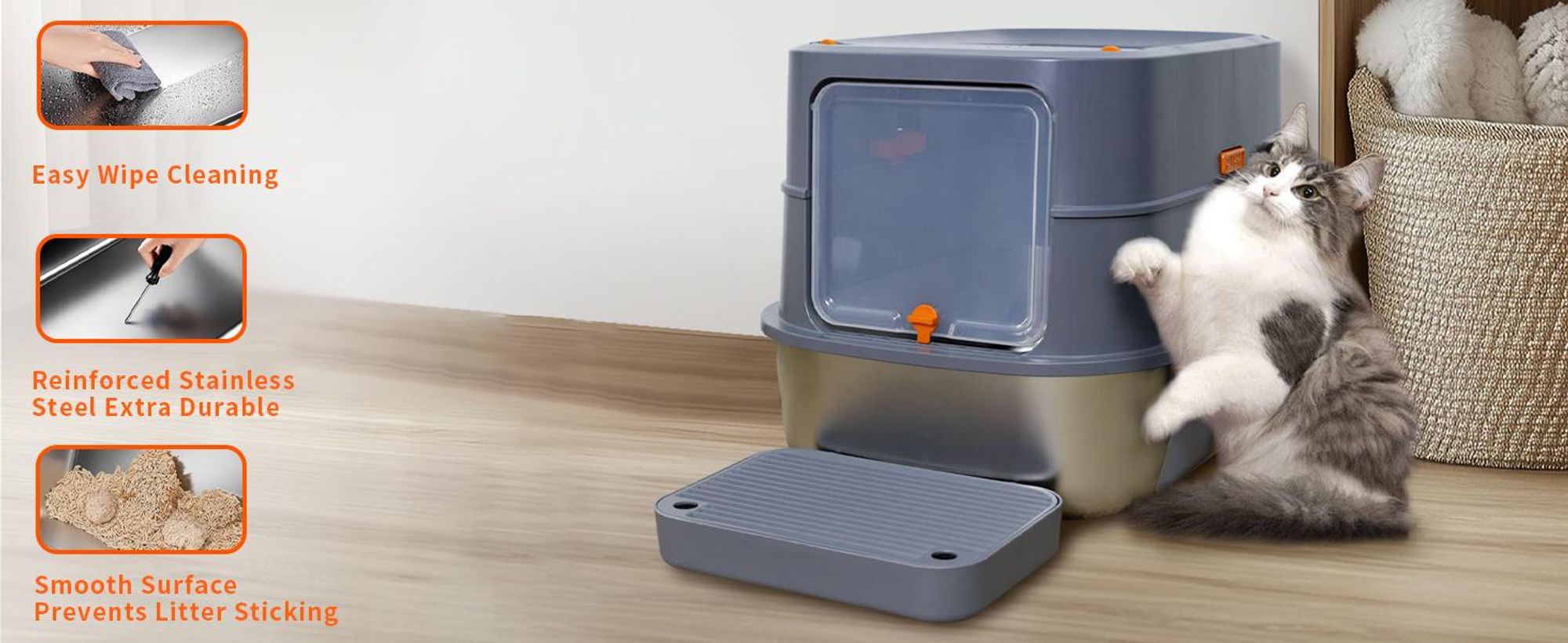 WISFOR Edelstahl Katzentoilette EXTRA Groß Katzenklo mit Deckel Schaufel, Haubentoilette, 58 x 42 x 42 cm