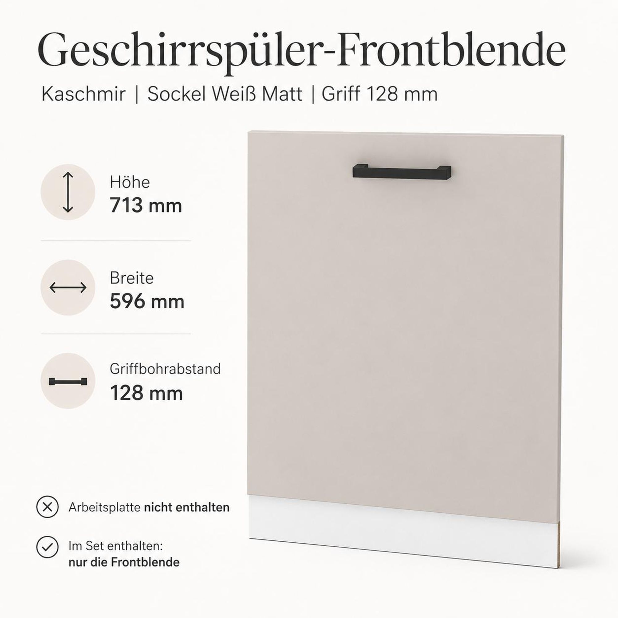 Geschirrspüler-Frontblende in Kaschmir mit weißem Sockel und schwarzem Griff.