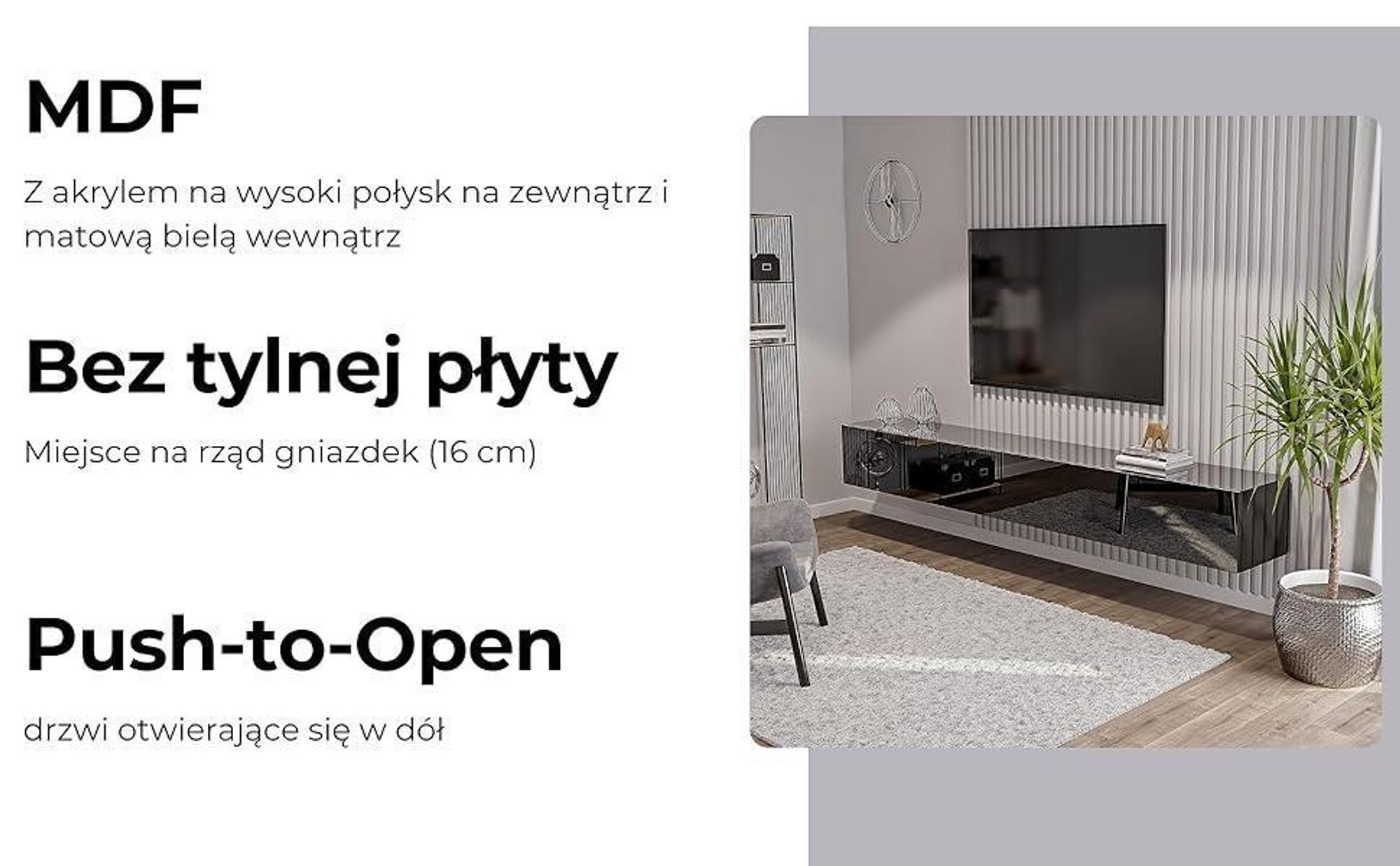 Szafka RTV Czarna Wysoki Połysk - 90 x 40 x 35 cm - Szafka Wisząca pod Telewizor - Półka RTV - Lowboard - Meble Do Salonu - Push-to-Open-System
