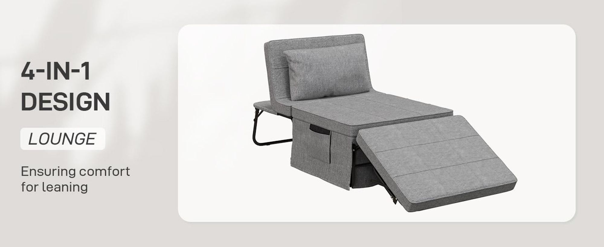 Łóżko składane HOMCOM 4 w 1 75 x 190 cm, łóżko dla dorosłych, składane, z 8-centymetrową grubą pianką, łóżko podróżne z metalową ramą, łóżko pojedyncze z 5-poziomową regulacją wysokości i poduszką, nośność do 150 kg