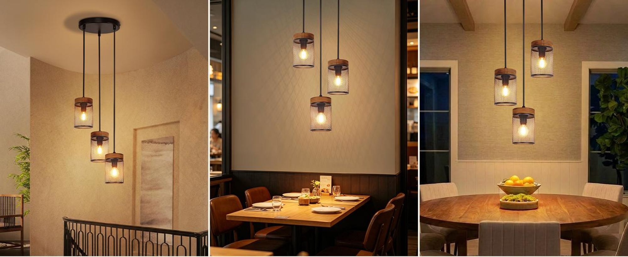 Lámpara colgante ZMH para mesa de comedor, de 3 luces, color , con estructura de madera. Lámpara colgante industrial, ideal para mesa de comedor, salón, comedor o cocina. Casquillo E14