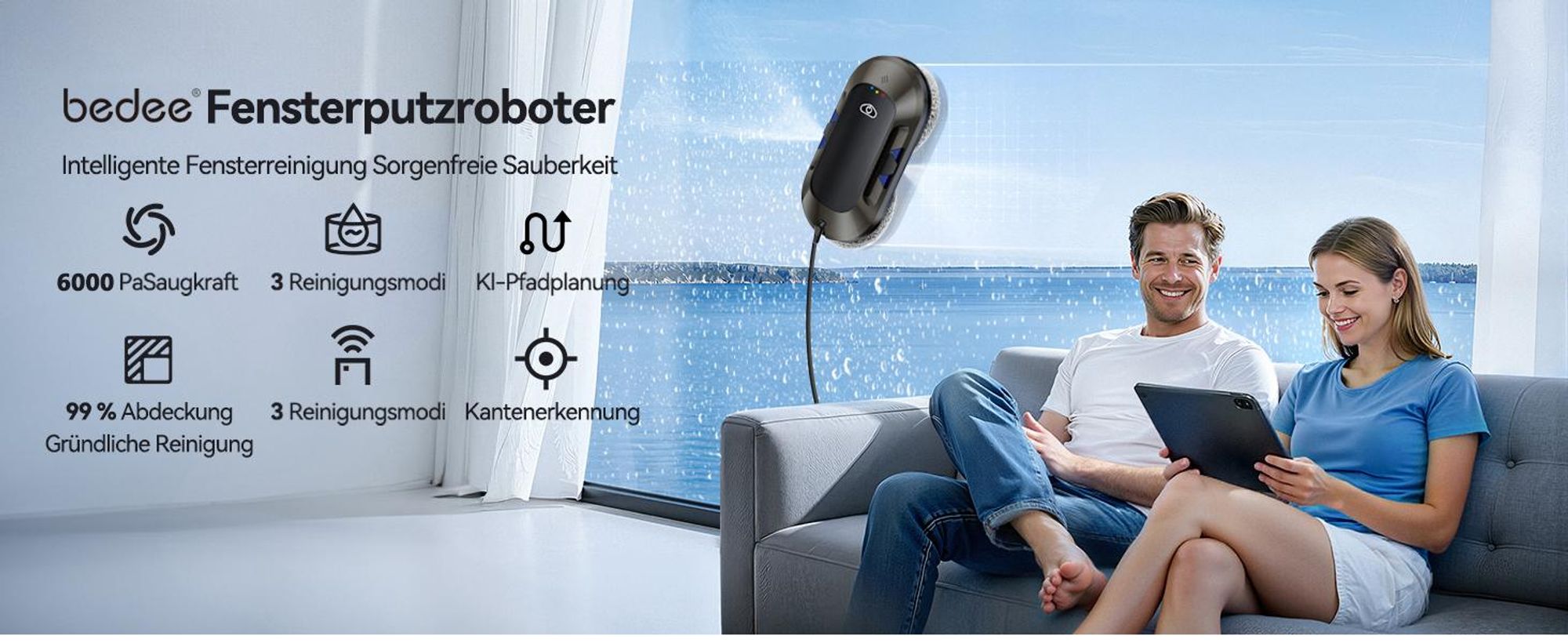Fensterputzroboter, Fensterputzer, 6000Pa Starker Fenstersauger, 2-Wege-Sprühfunktion, USV-Stromausfallschutz, 3 Automatische Reinigungsmodi