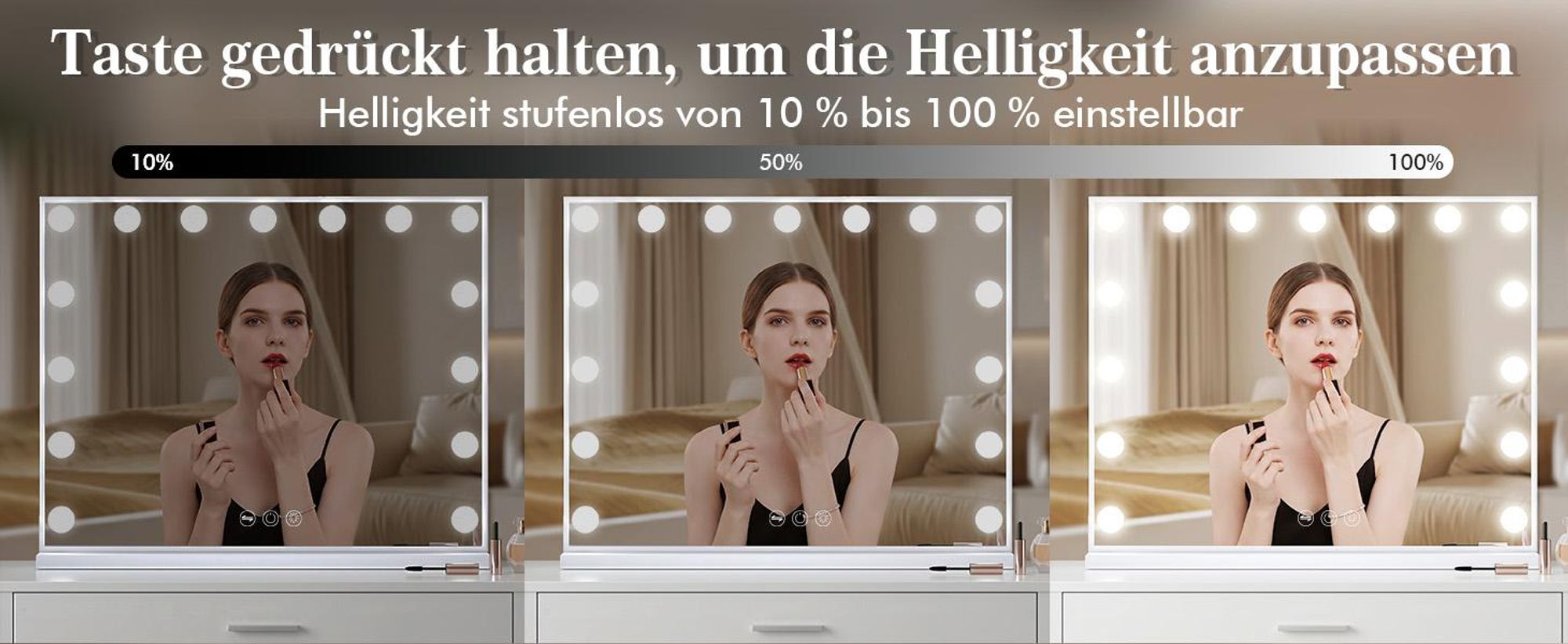 VANITII Hollywood Schminkspiegel 58cm x 46cm mit Beleuchtung 15 Dimmer Leuchten 3 Lichtmodus Kosmetikspiegel für Badzimmer Schminktisch Weiß