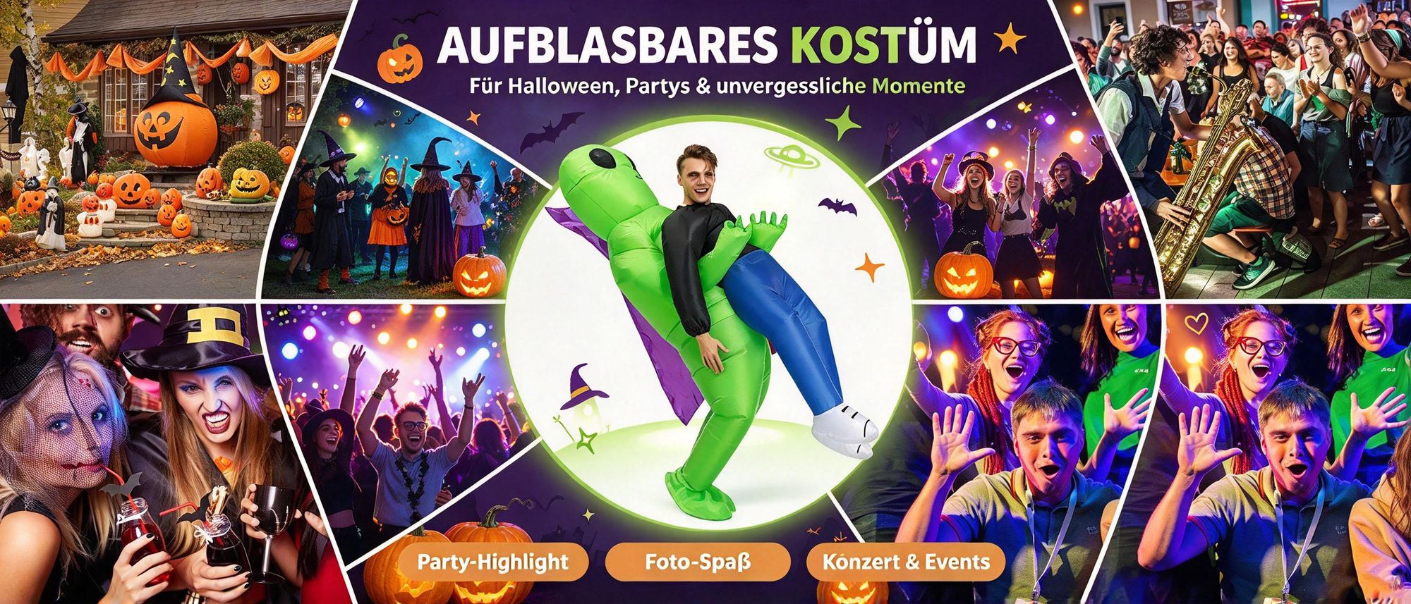 Juksun Alien Kostüm 150-190cm für Erwachsene Polyester grün aufblasbar mit Umhang für Halloween Karneval Party