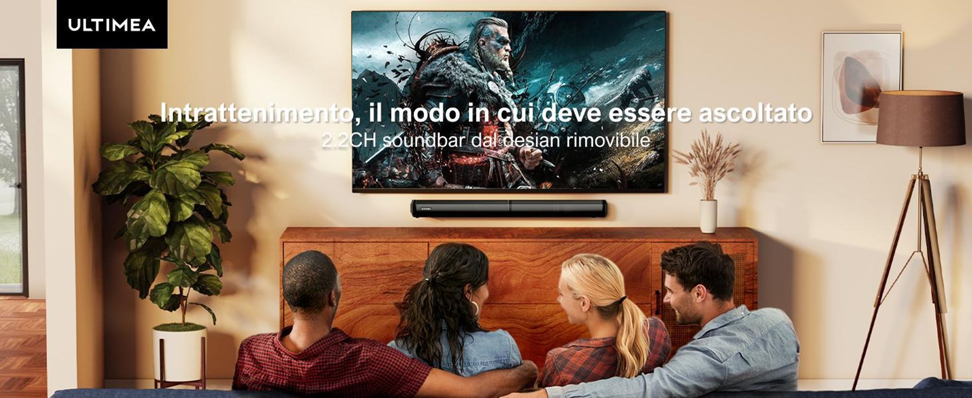 ULTIMEA Soundbar a 2.2 canali per televisori, soundbar 2-in-1 divisibile, Bluetooth® 5.3, 3 modalità EQ e bassi regolabili, ARC/Ottico/Aux, Apollo S40