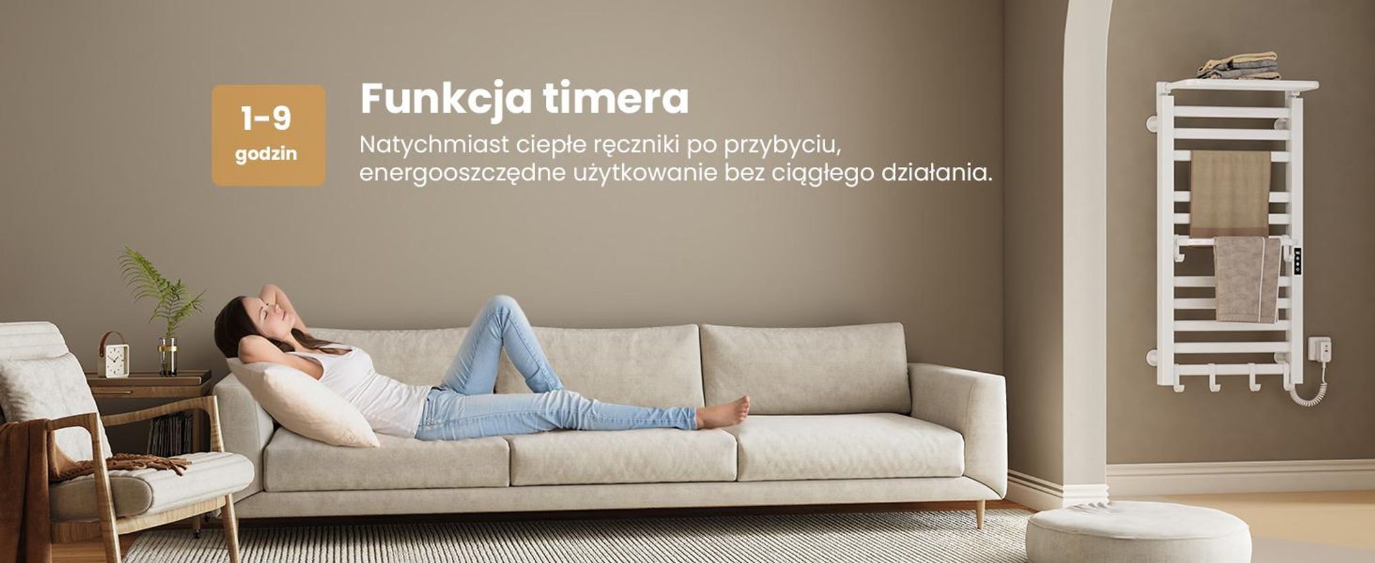 EMKE Grzejnik łazienkowy elektryczny 1000x500 mm, 280W, dwurzędowy, płaskie rurki, półka i haki, WiFi Tuya Alexa, biały połysk