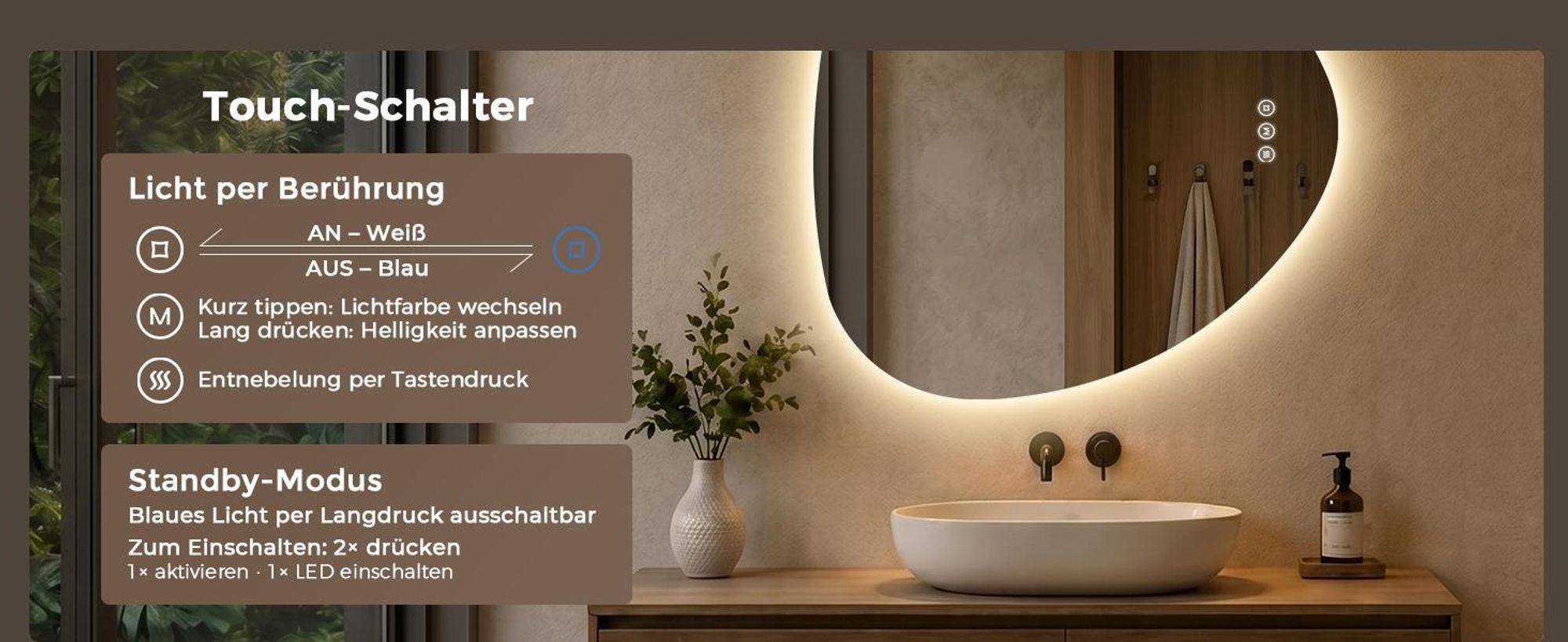 S'AFIELINA Badspiegel mit Beleuchtung 70 × 80cm, rahmenlos, 3 Lichtfarben, dimmbar, Antibeschlag und Memory-Funktion, Horizontal oder vertikal nutzbar