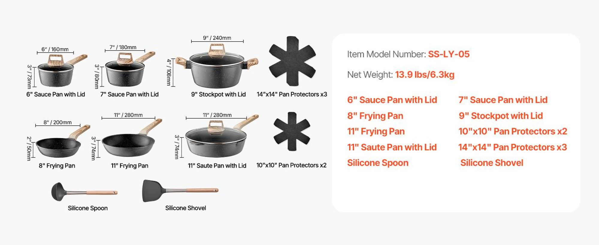 VEVOR Induktions-Kochgeschirr-Set (17-teilig) Induktionskochtöpfe zum Braten, Soßenzubereiten und Kochen in der Wohnmobilküche (Schwarz)