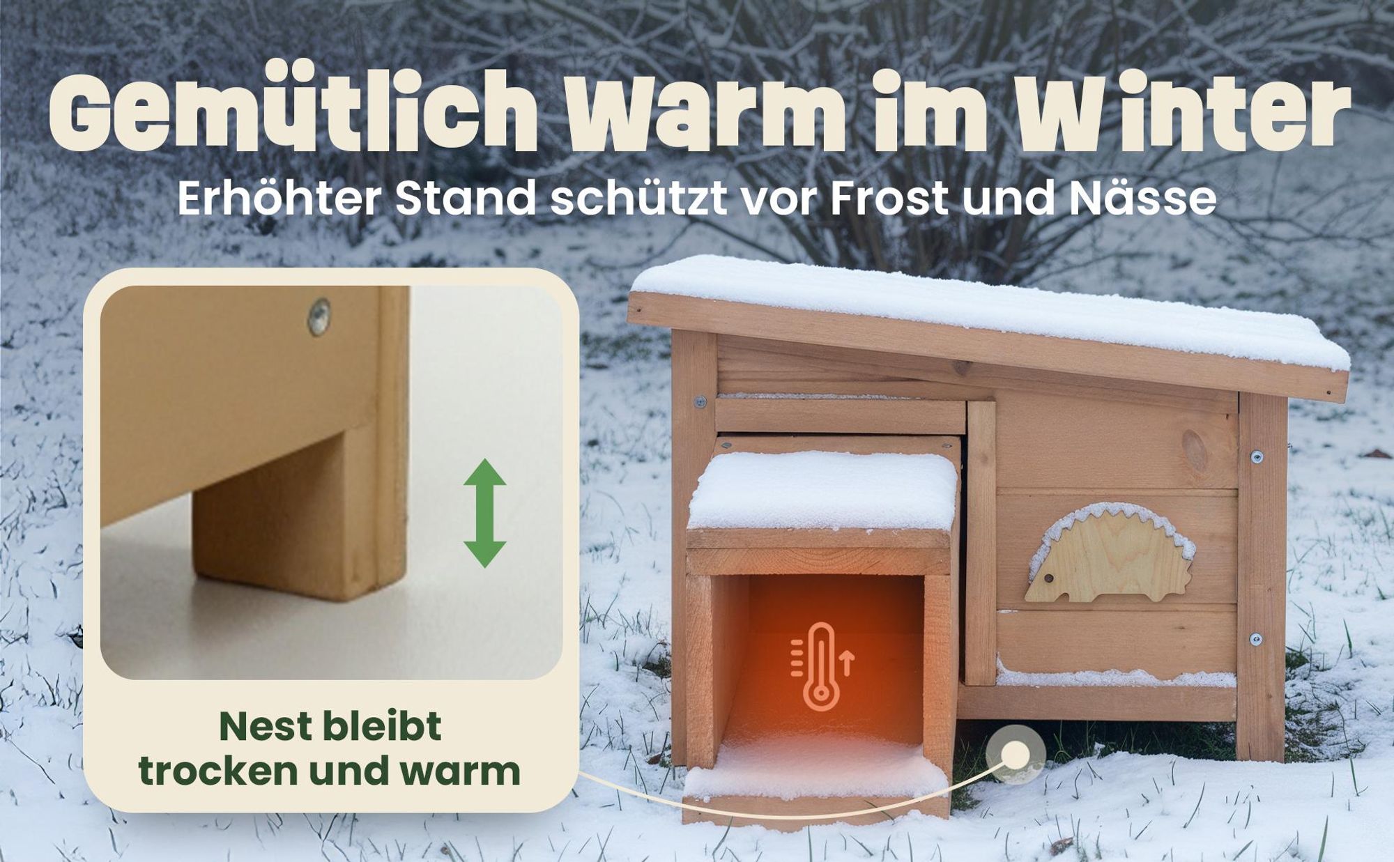 Igelhaus Igelhütte Holz zooprinz Hugo | mit Labyrinth Tunneleingang | Wetterfest Winterfest | Vollholz | 72×28×29 cm Winterquartier