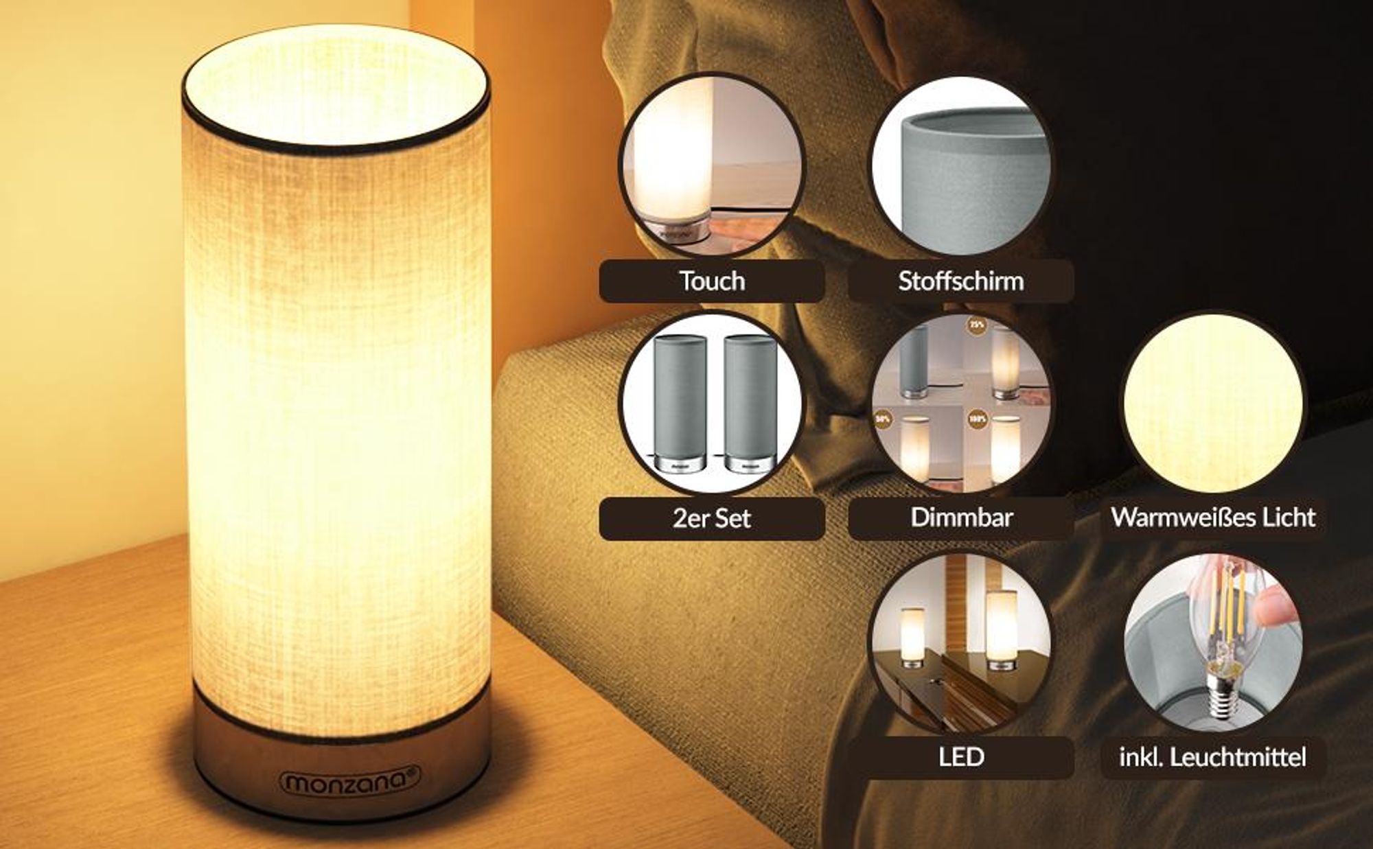 MONZANA® Nachttischlampe 2er Set Touch Dimmbar mit LED Leuchtmittel Stoffschirm Tischlampe Tischleuchte Wohnzimmer Schlafzimmer Licht Leselampe Grau