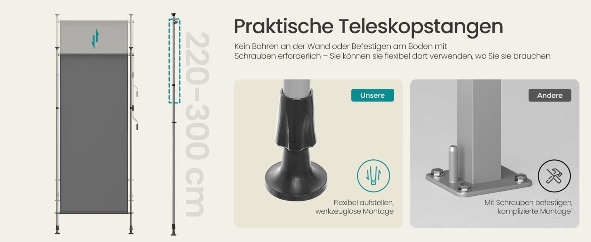 SONGMICS Seitenmarkise, Senkrechtmarkise, höhenverstellbar, ohne Bohren grau