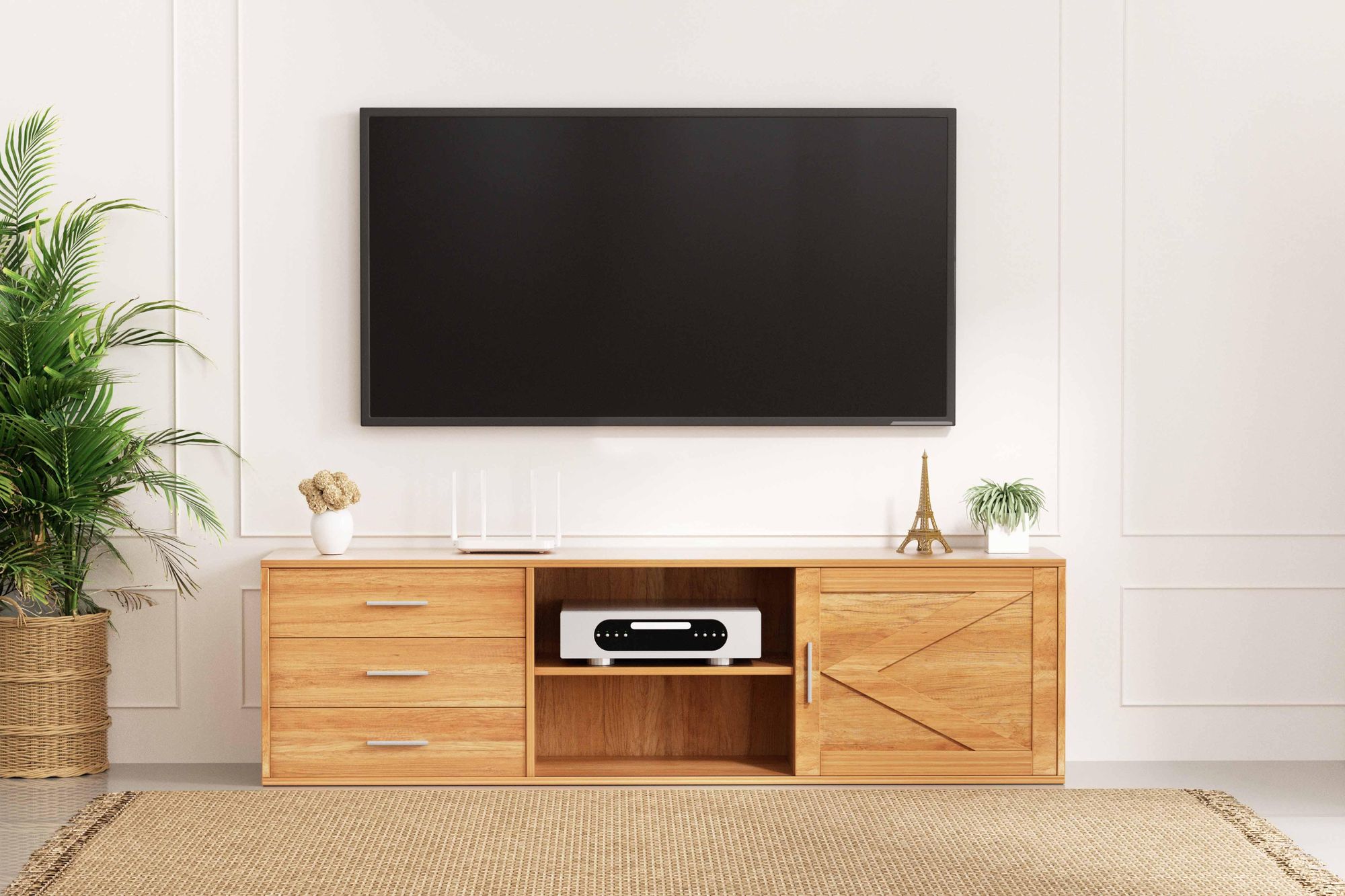 HOMAVO TV-Möbel 160 cm – Modernes Wohnzimmermöbel mit 3 Schubladen, 2 Schiebetüren, pflegeleichter Melaminoberfläche, Holzoptik, robust & stilvoll