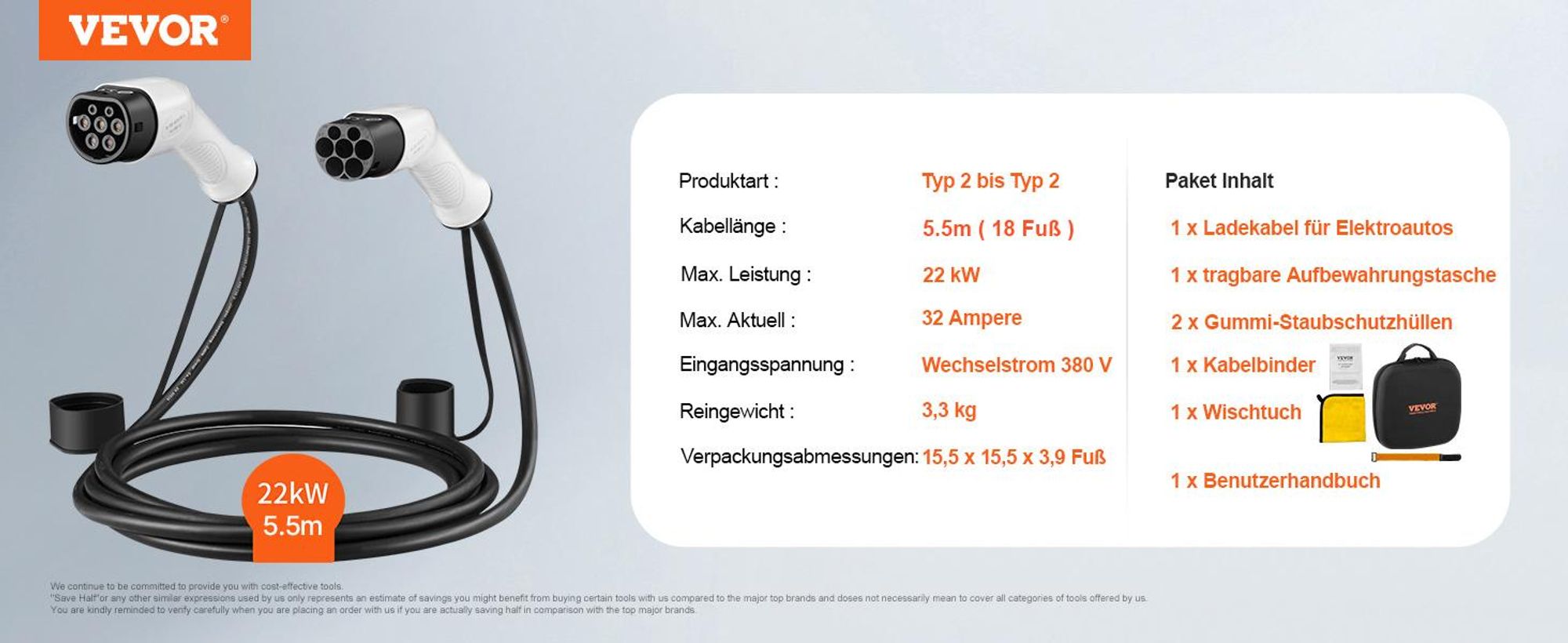 VEVOR Typ2 Ladekabel für Elektroauto/Hybrid EV Ladekabel E-Autoladekabel Wallbox 22kw TPU-Ladekabel 5m Kabellänge 3-Phase AC 380V Typ2 auf Typ2 Wasser-/Staubdicht Mit allen Typ-2-Modellen Kompatibel