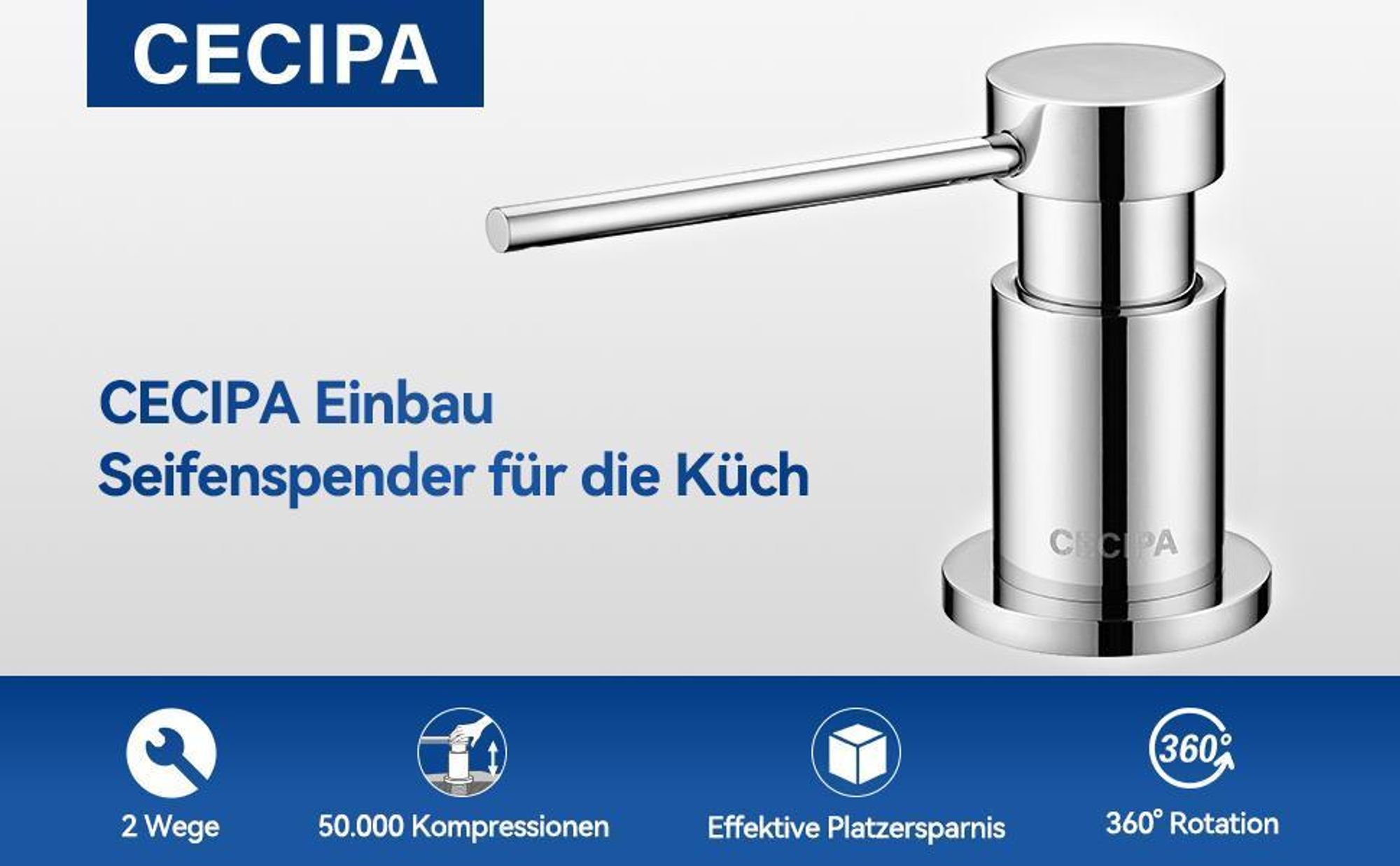 300ml Edelstahl Seifenspender Einbau Spülmittelspender Waschbecken Lotionspender Küche Zubehör Set mit 360° Rotation Pump,Chrom