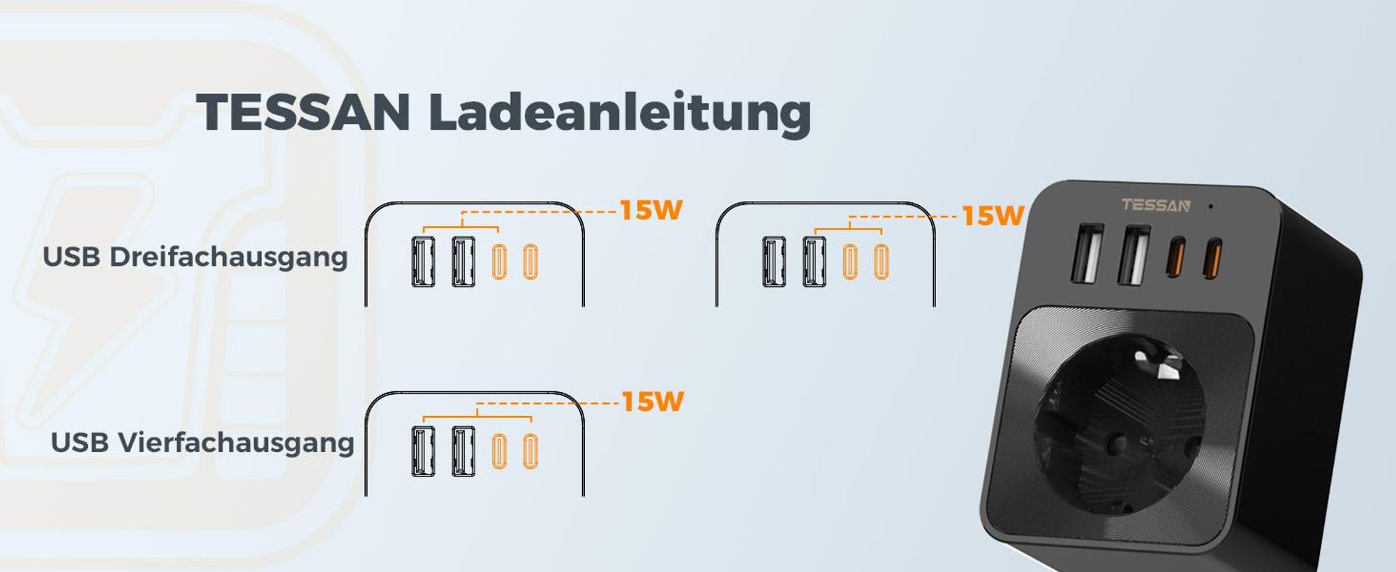TESSAN Steckdose Schutzadapter 3600W mit 2 USB-C und 2 USB-A für Heimoffice kompakter Mehrfachadapter Stecker Schwarz