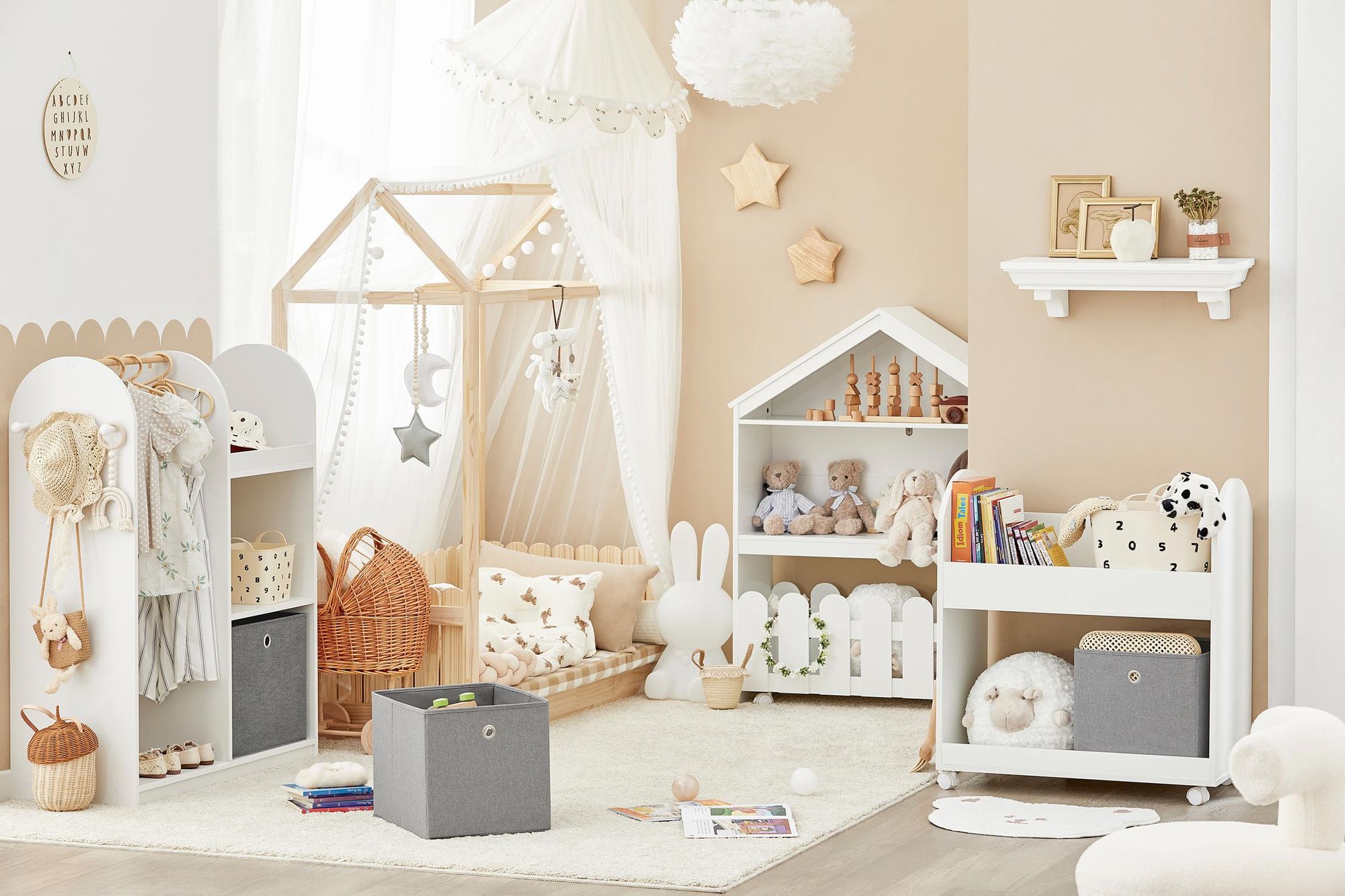 SoBuy Kinderkleiderschrank mit 3 Haken Kindergarderobe Kleiderschrank Kinderzimmer Kinder Kleiderschränke mit Boxen Kleiderständer Regal KMB40-HG