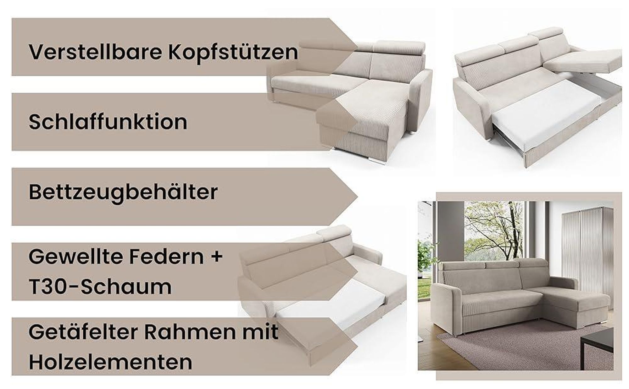 LIKMA Marineblau Ecksofa Mako 213x165 cm mit Schlaffunktion (190x125 cm) Eckcouch mit Bettkasten und Verstellbare Kopfstützen Wohnlandschaft