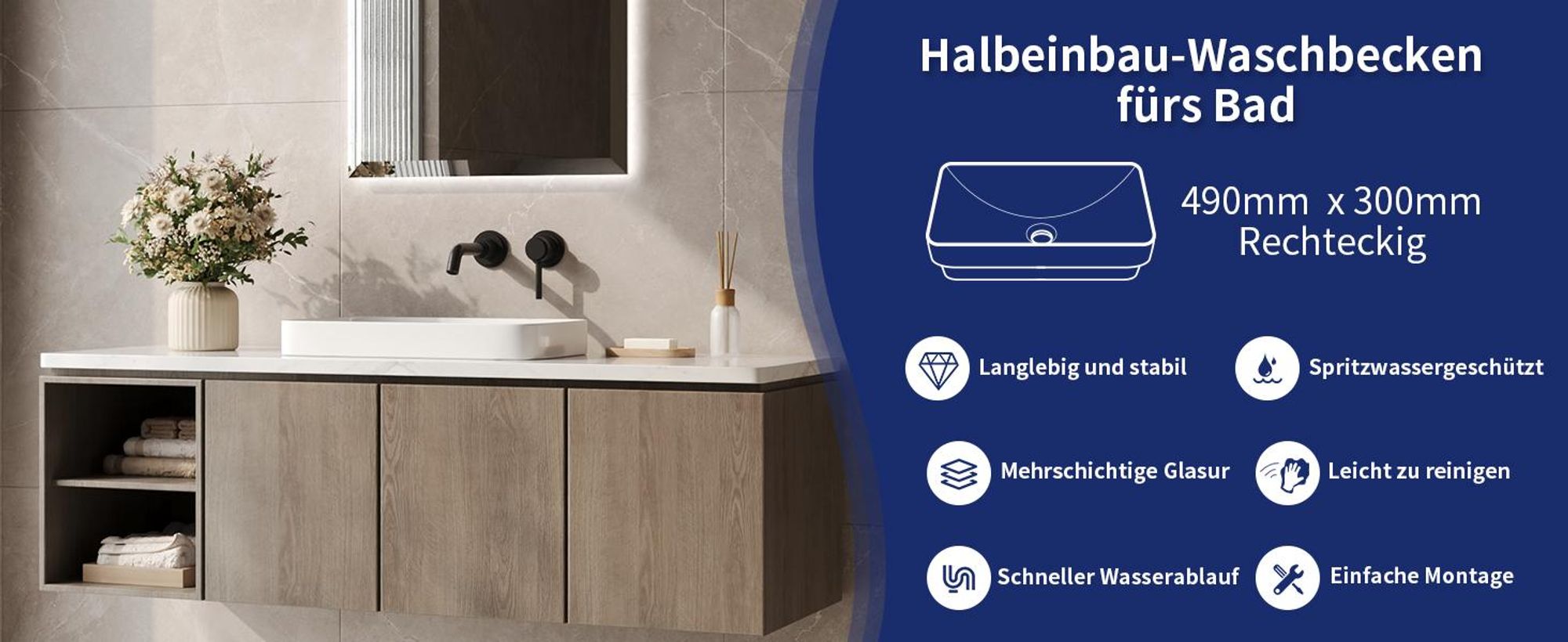 Aufsatzwaschbecken Rechteckig 49x30cm Weiß Keramik – Halbeinbau Waschbecken ohne Hahnloch, 44,5 mm Standardabfluss für Waschtisch & Badezimmer